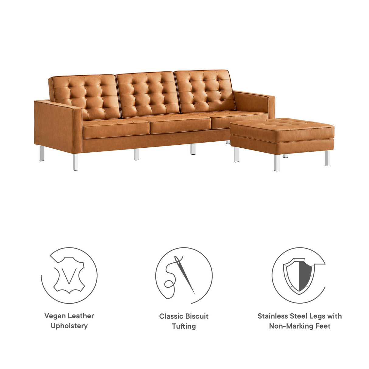 2 Piece 119" Tufted Vegan Leather Sofa and Ottoman Set