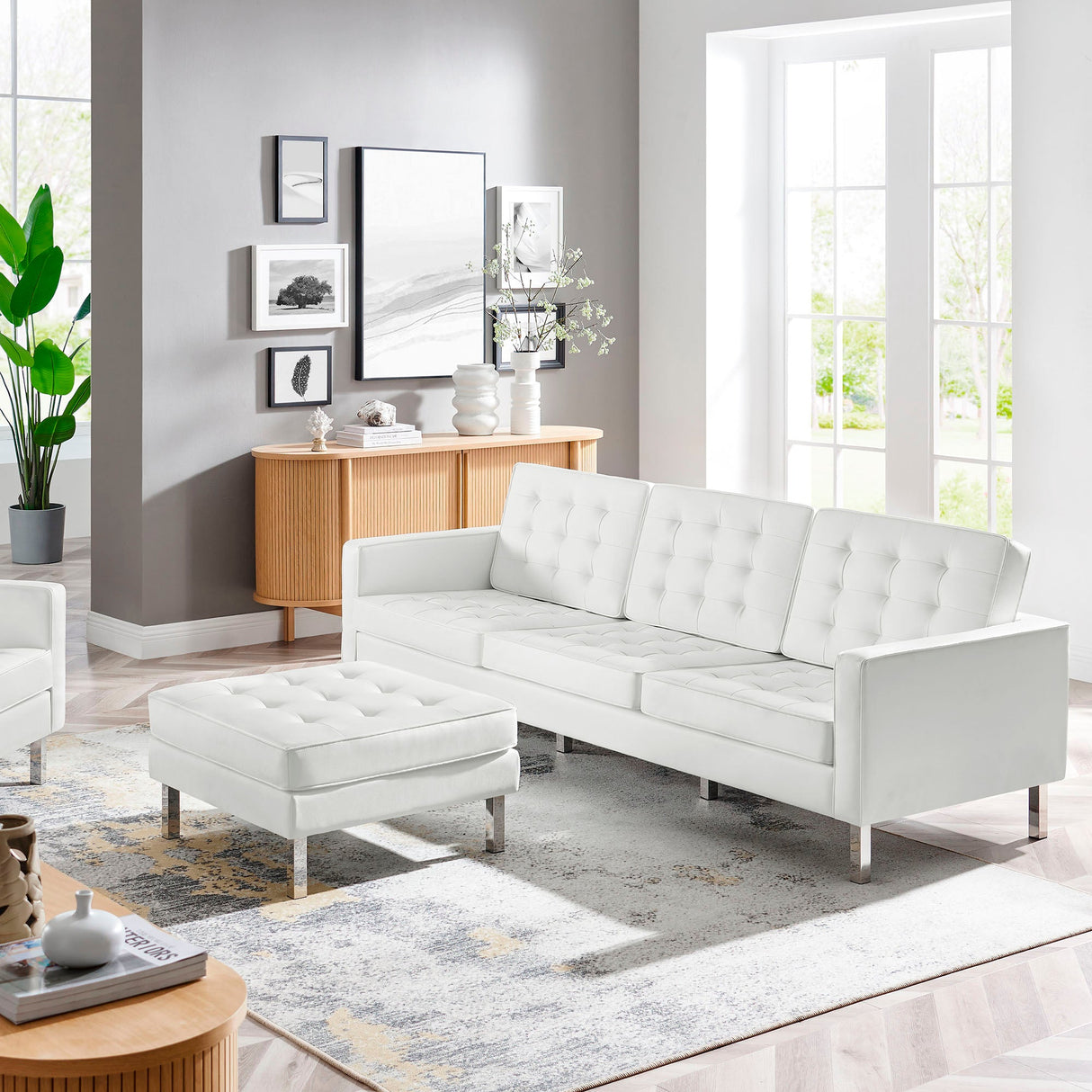 2 Piece 119" Tufted Vegan Leather Sofa and Ottoman Set