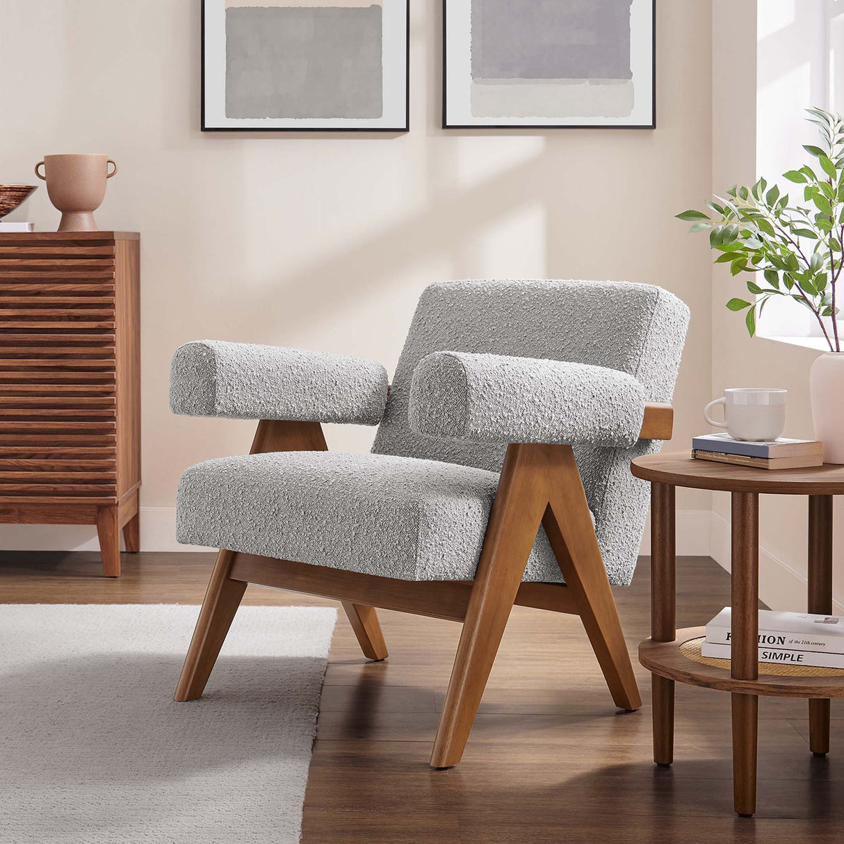28 Inch Boucle Fabric Armchair with V-Shaped Wood Legs