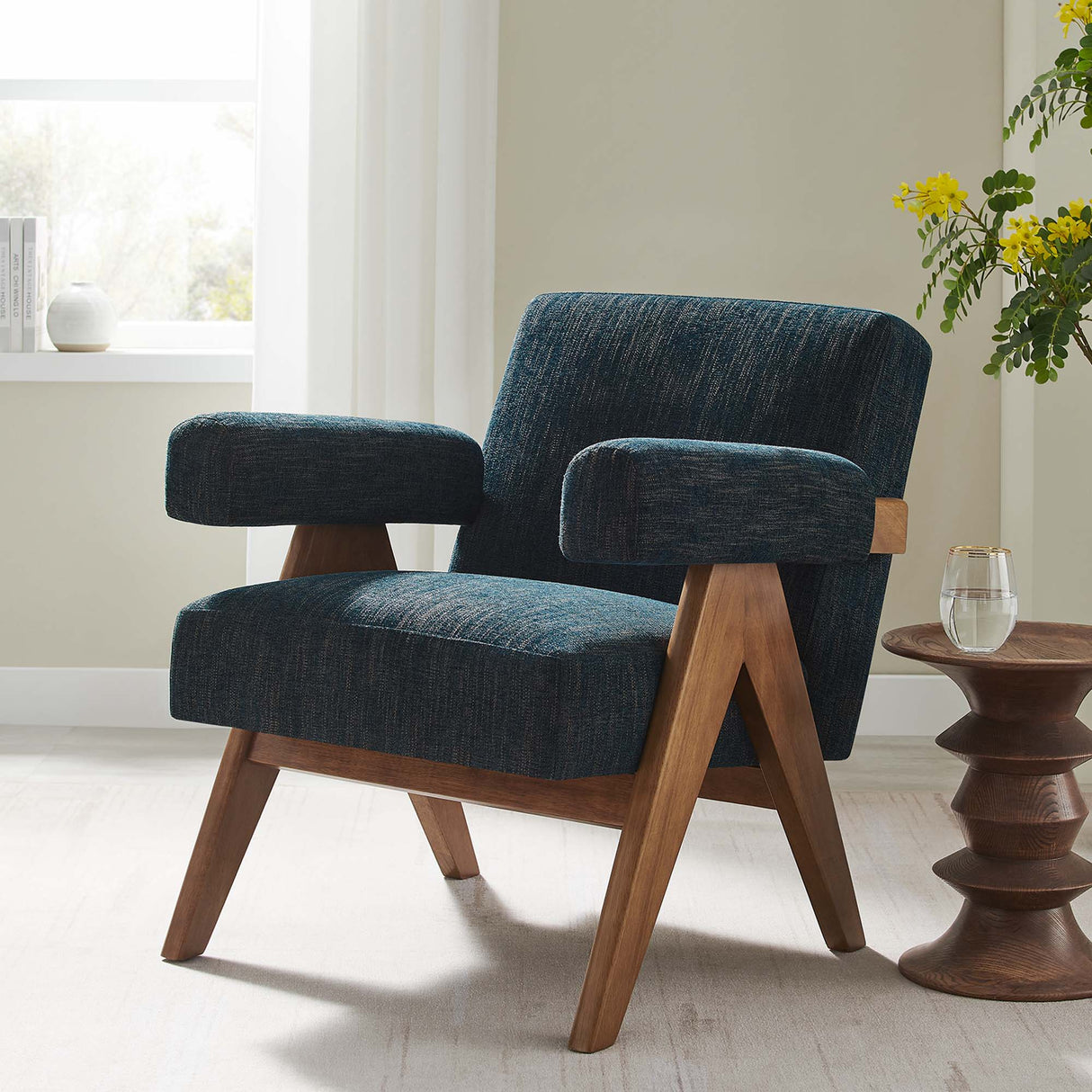 28 Inch Woven Heathered Fabric Armchair with Wood Legs
