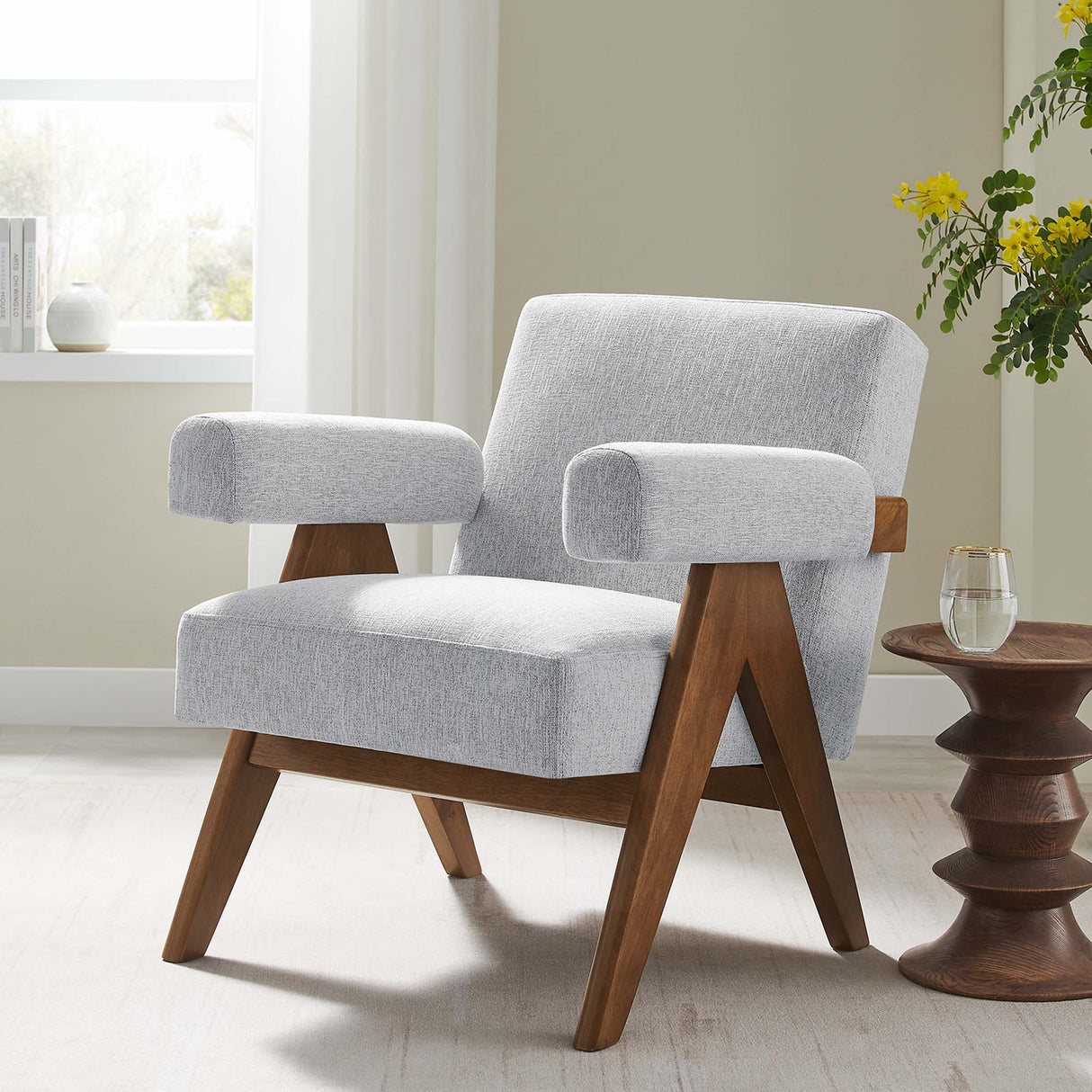 28 Inch Woven Heathered Fabric Armchair with Wood Legs