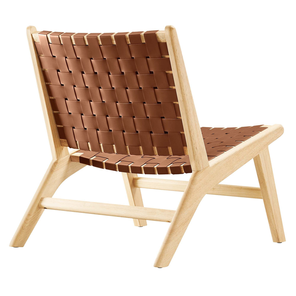 25 Inch Woven Leather Wood Accent Lounge Chair