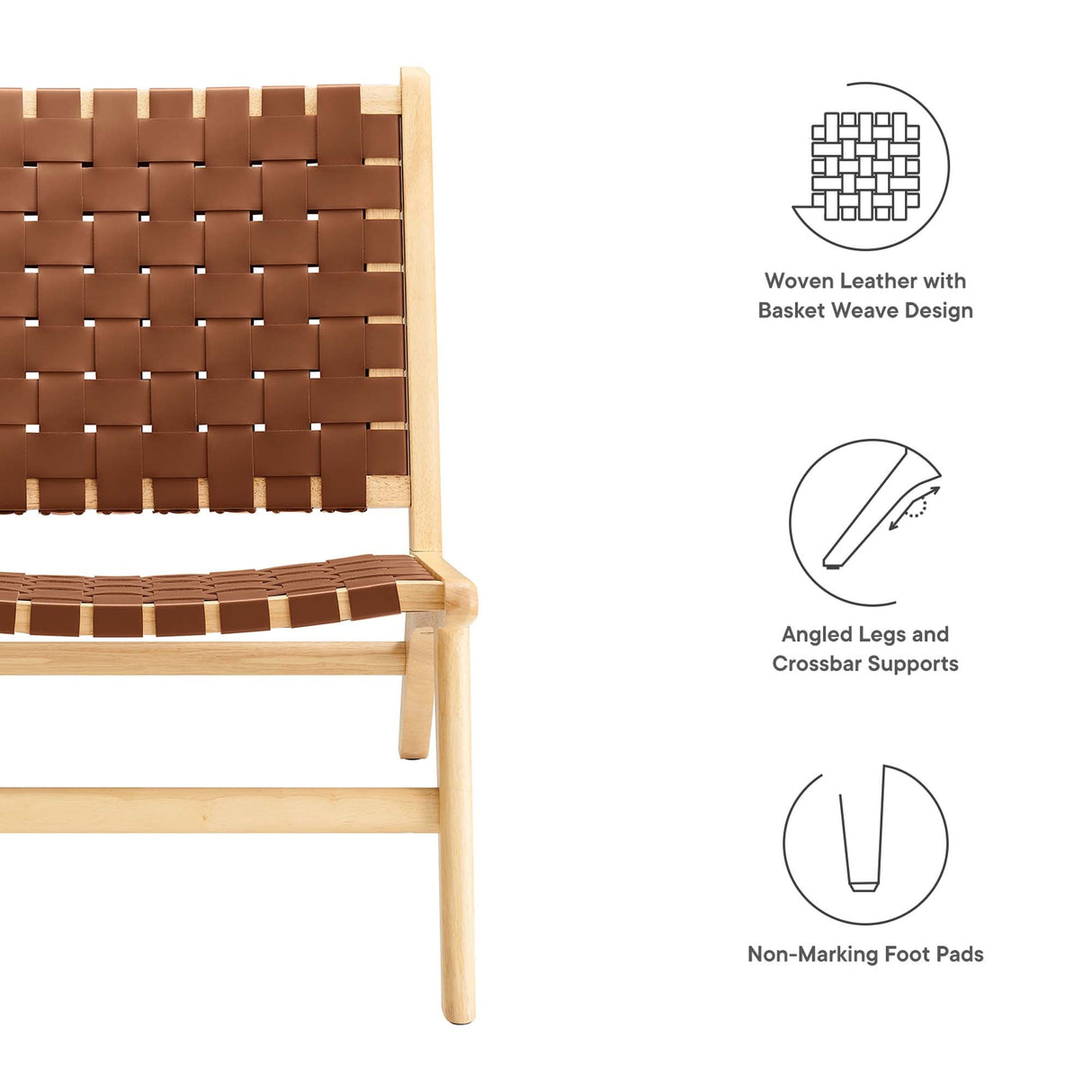 25 Inch Woven Leather Wood Accent Lounge Chair
