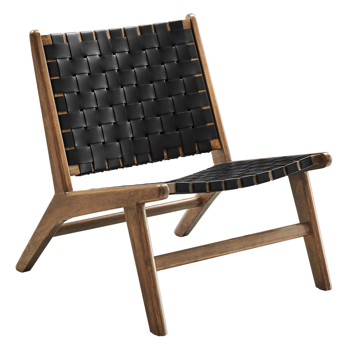 25 Inch Woven Leather Wood Accent Lounge Chair