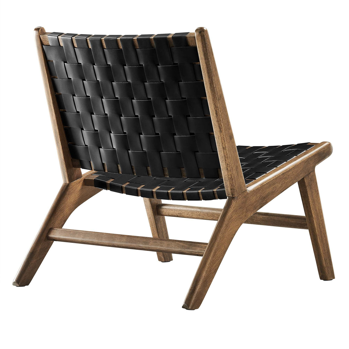 25 Inch Woven Leather Wood Accent Lounge Chair