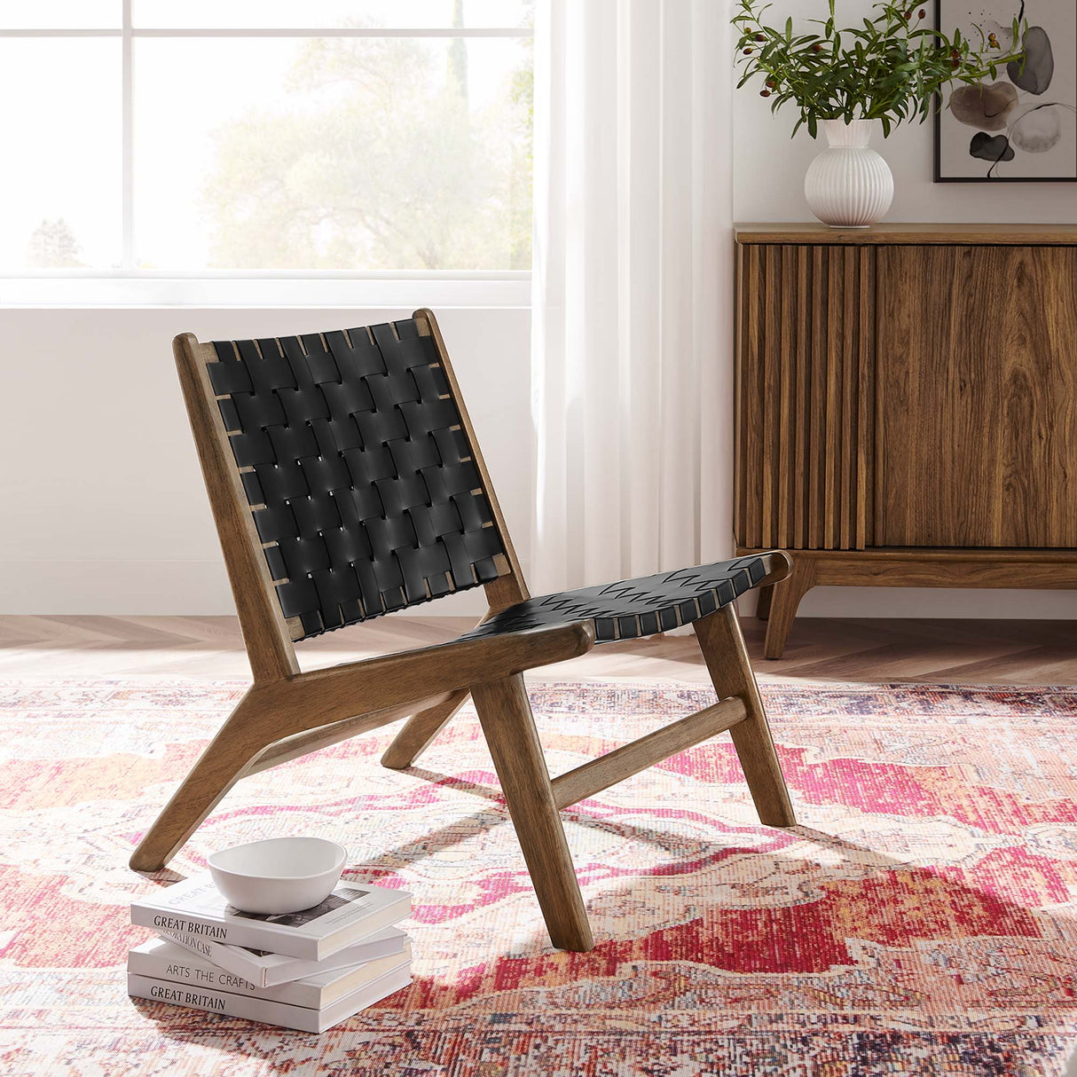25 Inch Woven Leather Wood Accent Lounge Chair