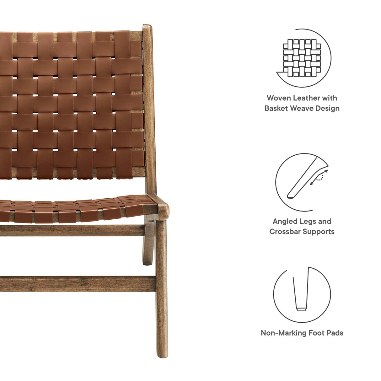 25 Inch Woven Leather Wood Accent Lounge Chair