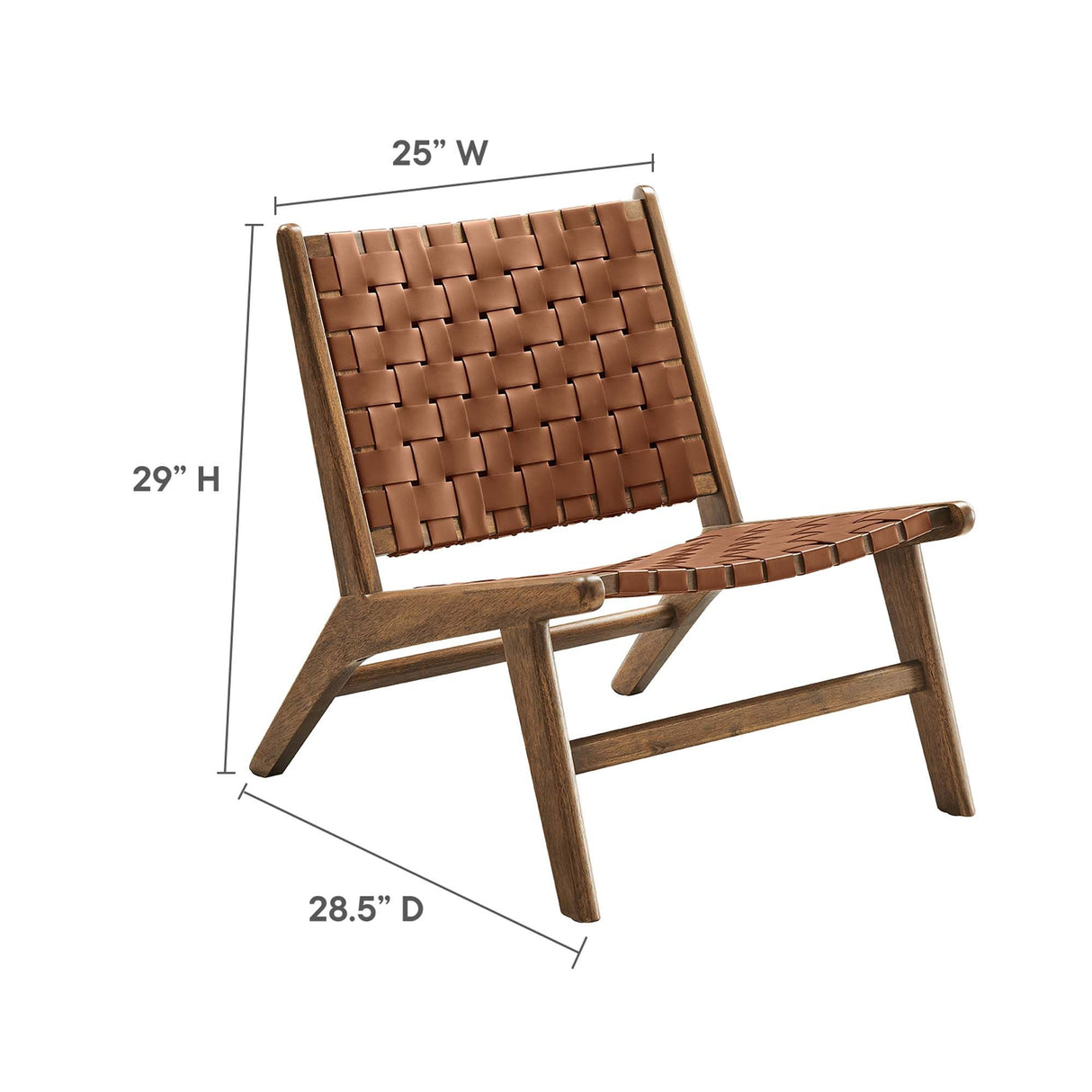 25 Inch Woven Leather Wood Accent Lounge Chair