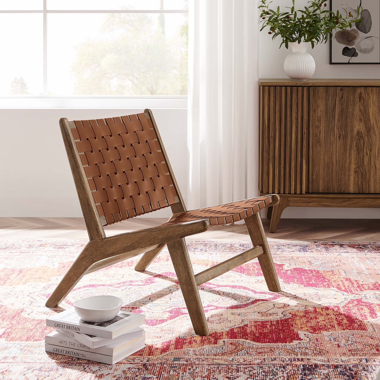 25 Inch Woven Leather Wood Accent Lounge Chair