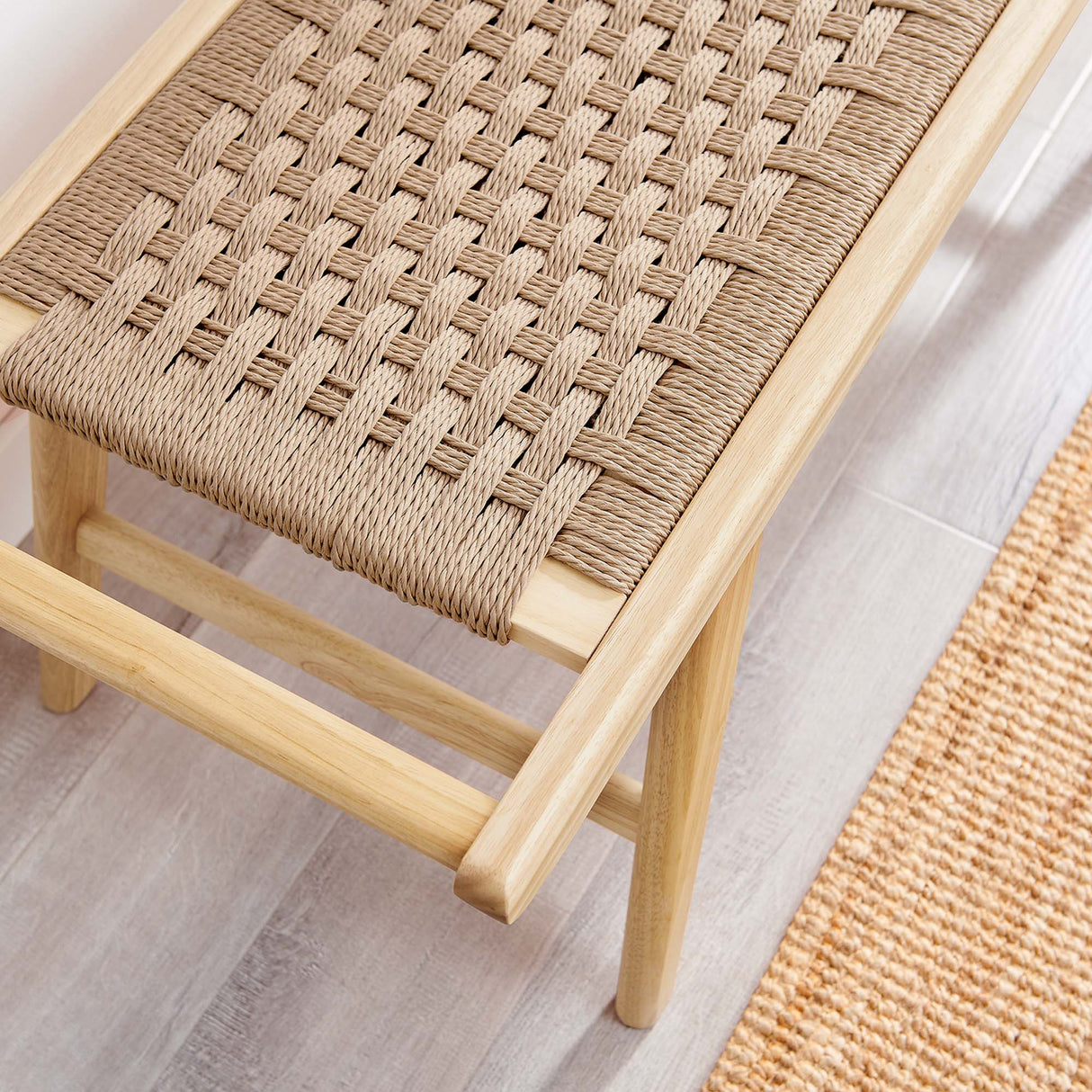 47 Inch Woven Rope and Solid Wood Bench with Basket Weave Design