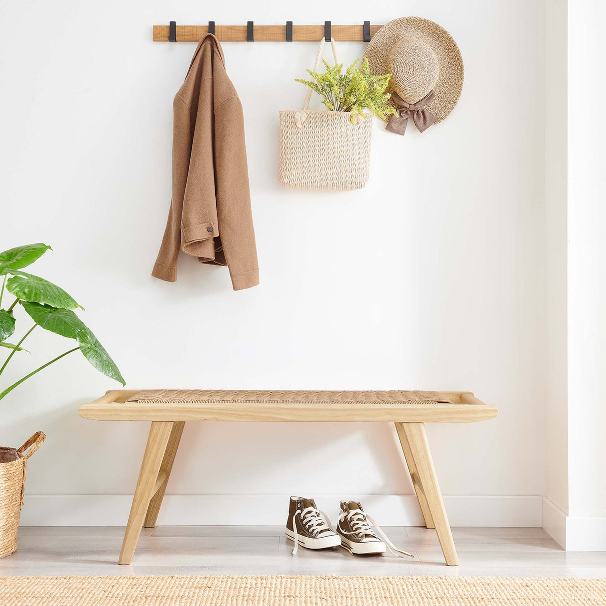 47 Inch Woven Rope and Solid Wood Bench with Basket Weave Design