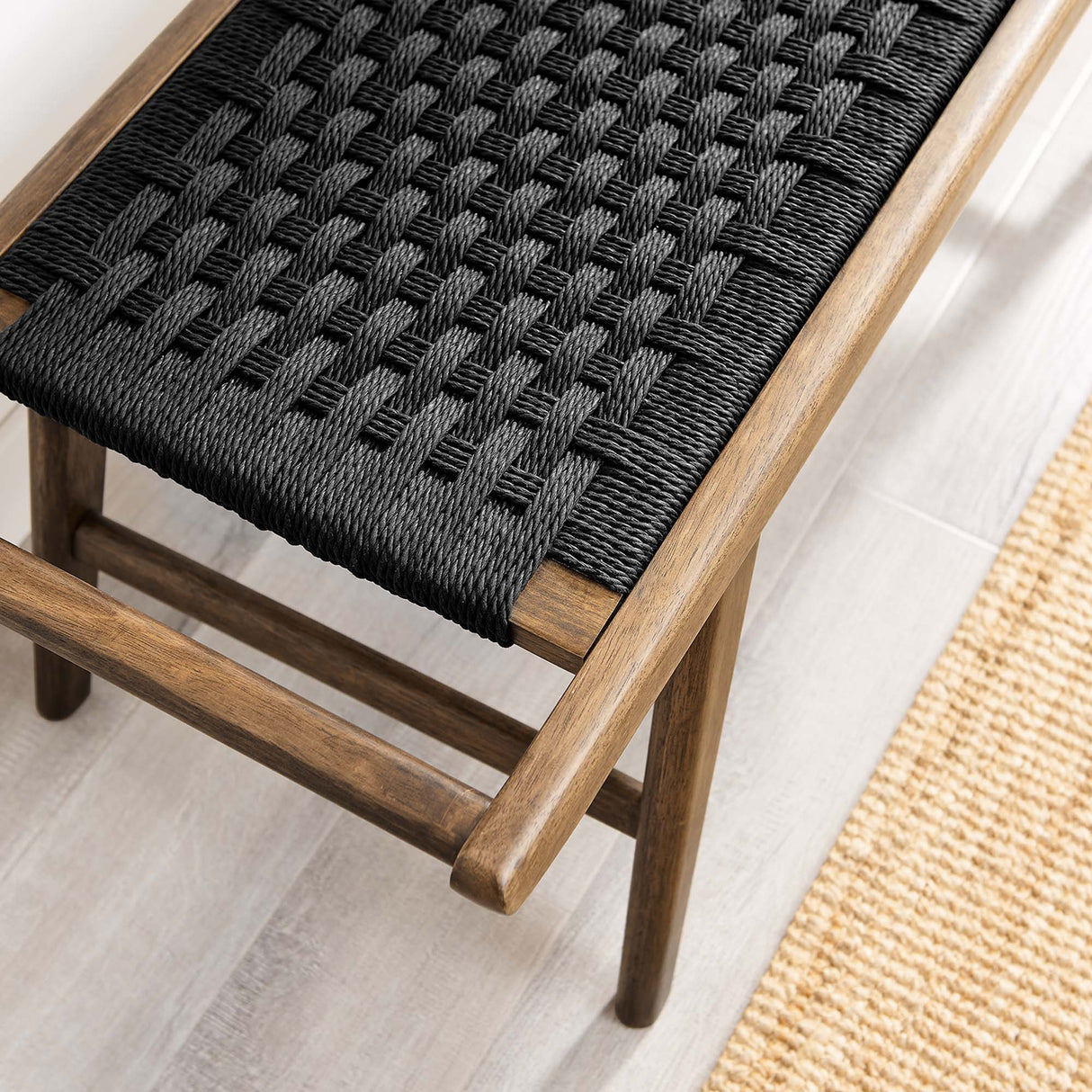47 Inch Woven Rope and Solid Wood Bench with Basket Weave Design