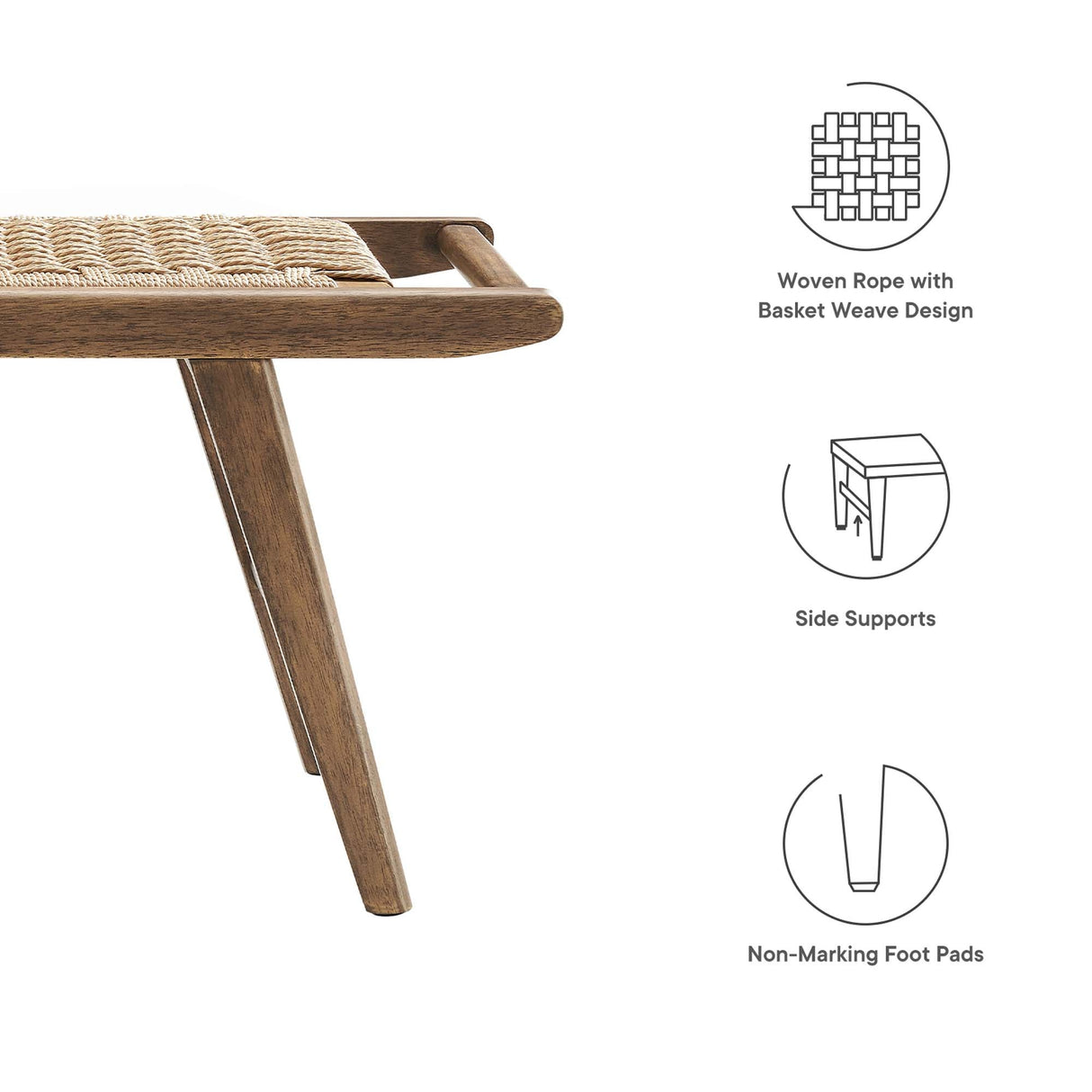 47 Inch Woven Rope and Solid Wood Bench with Basket Weave Design