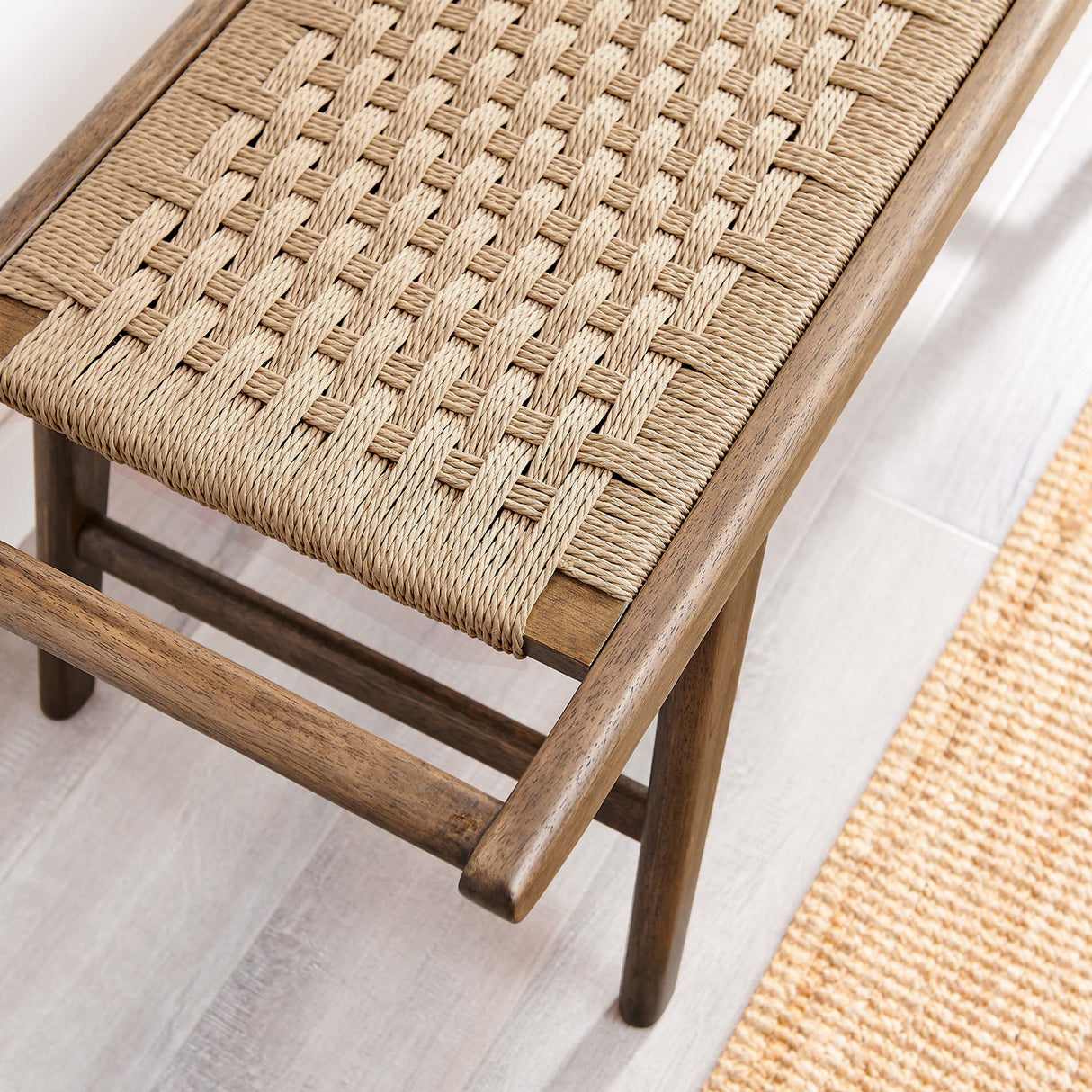 47 Inch Woven Rope and Solid Wood Bench with Basket Weave Design
