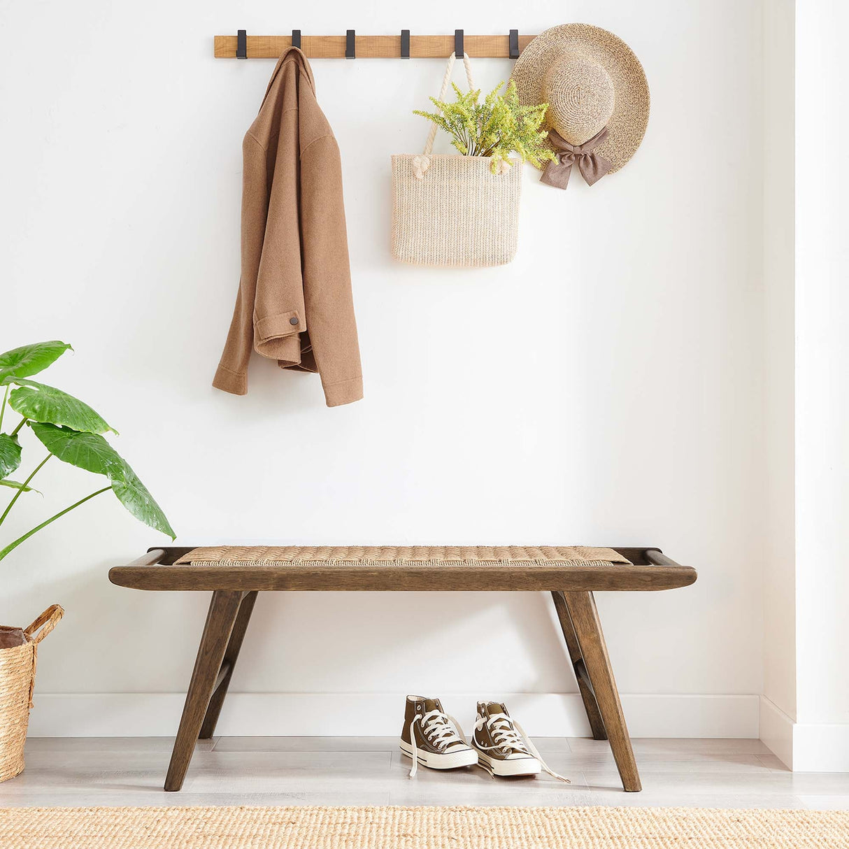 47 Inch Woven Rope and Solid Wood Bench with Basket Weave Design
