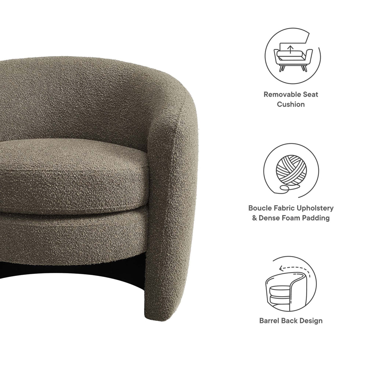 31 Inch Curved Back Boucle Fabric Barrel Armchair