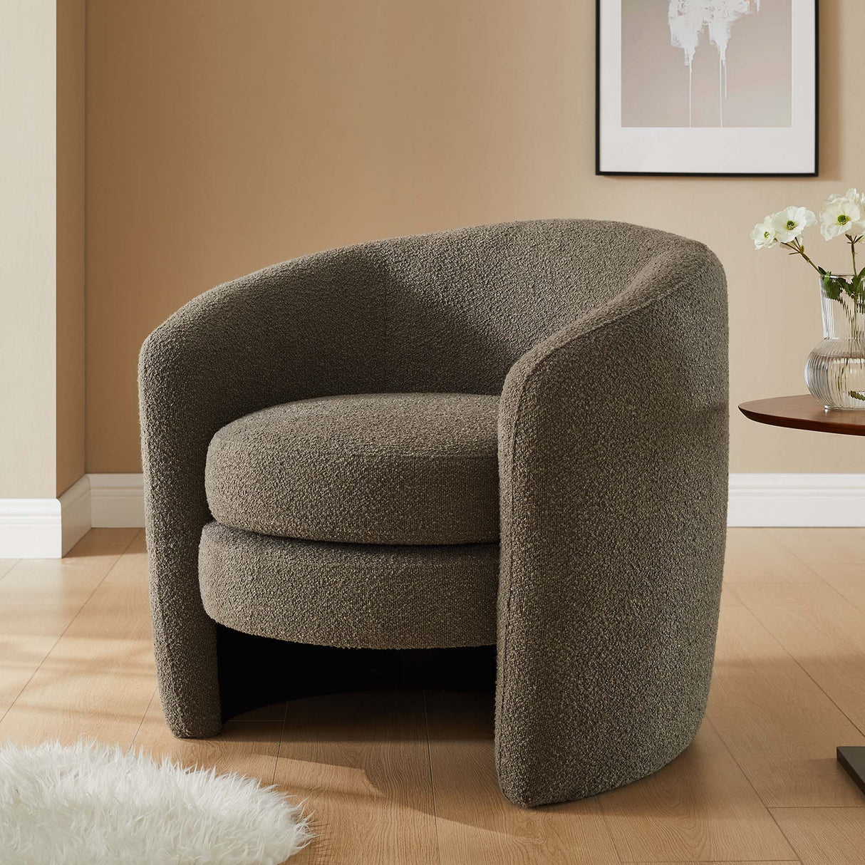 31 Inch Curved Back Boucle Fabric Barrel Armchair