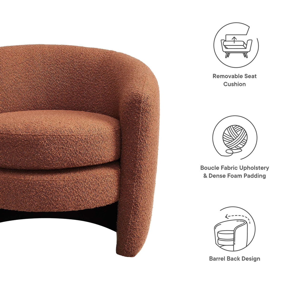 31 Inch Curved Back Boucle Fabric Barrel Armchair