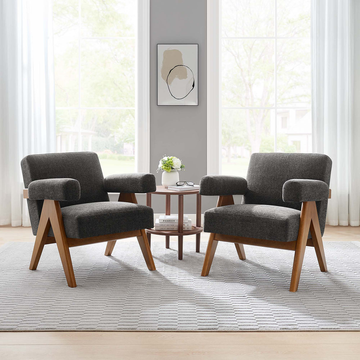 28 Inch Woven Heathered Fabric Armchair Set of 2