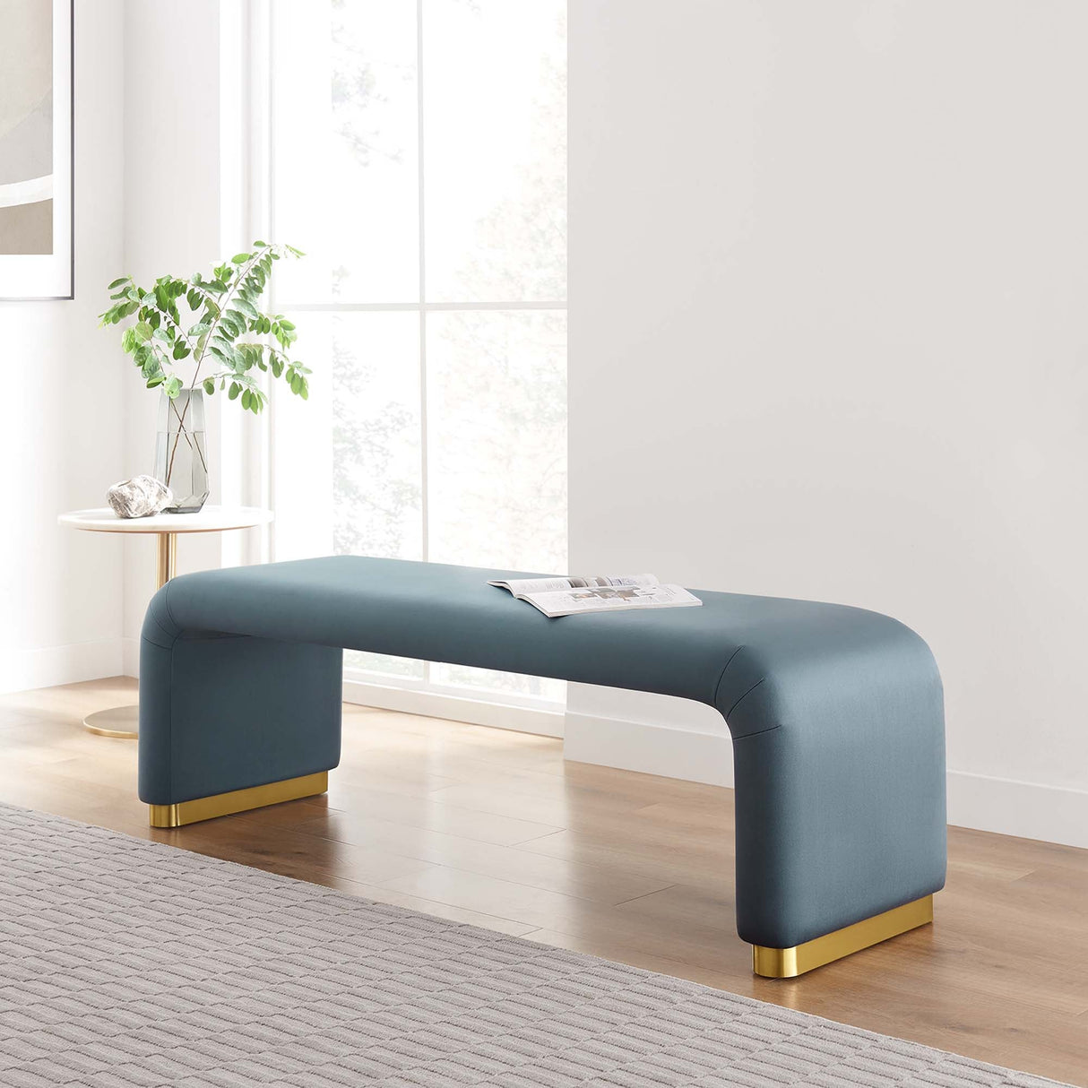 60 Inch Performance Velvet Waterfall Long Bench with Metal Base