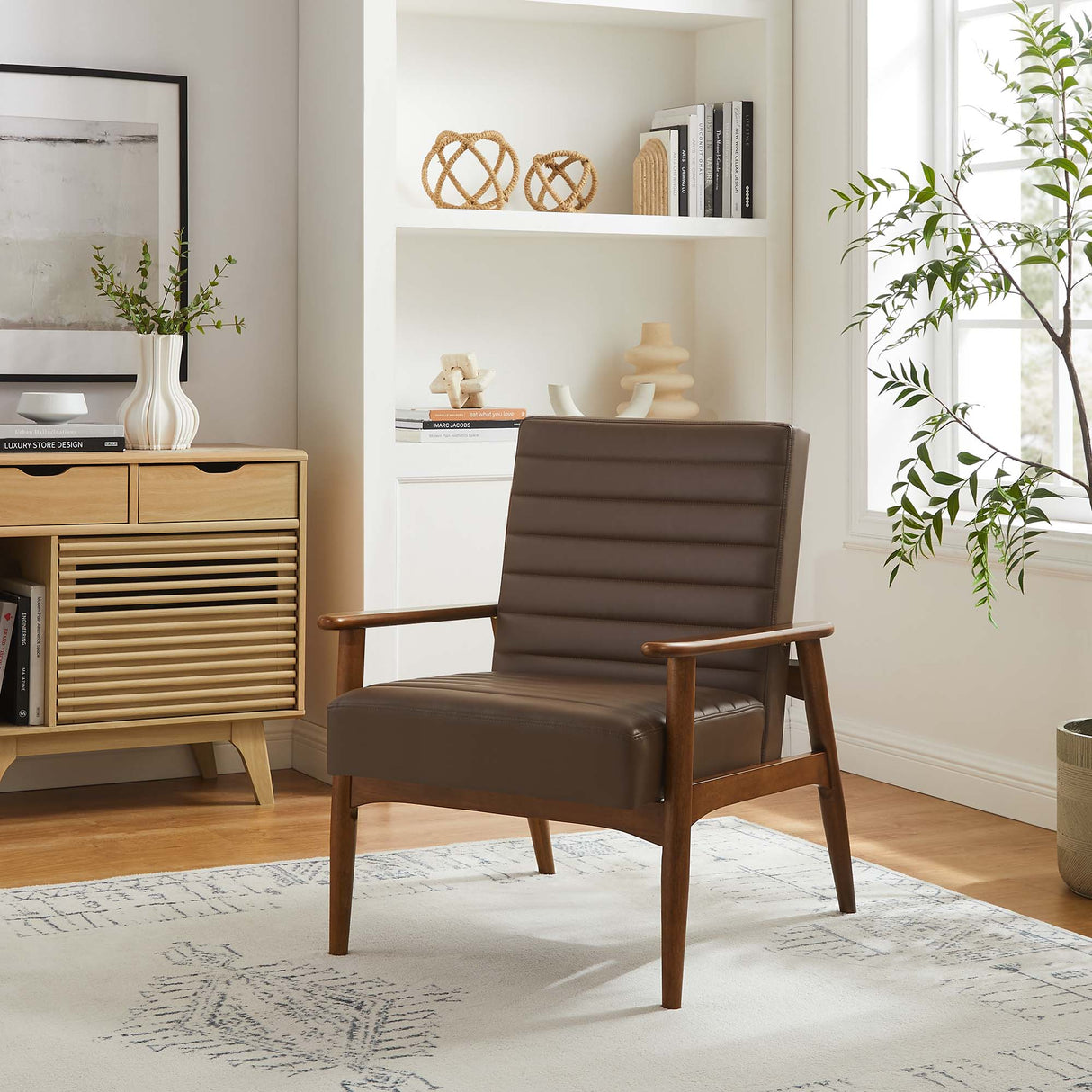27 Inch Horizontal Channel Tufted Vegan Leather Accent Chair