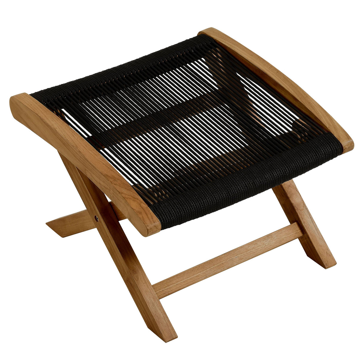 Folding Outdoor Ottoman with Teak Frame and Rope Weave, Portable Seating