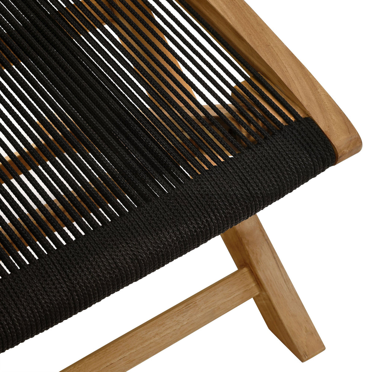 Folding Outdoor Ottoman with Teak Frame and Rope Weave, Portable Seating