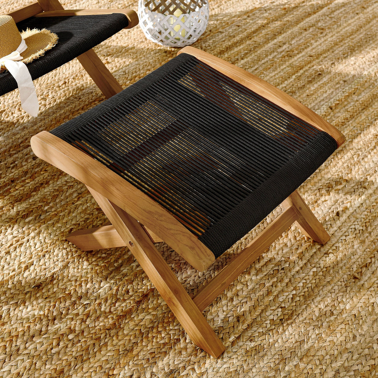 Folding Outdoor Ottoman with Teak Frame and Rope Weave, Portable Seating