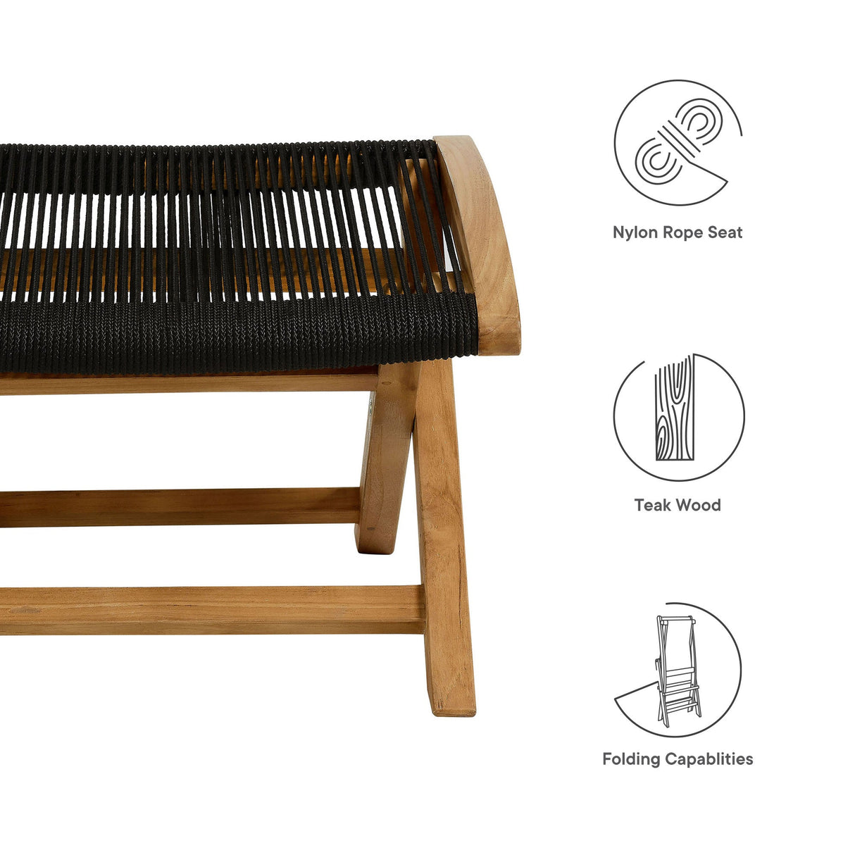 Folding Outdoor Ottoman with Teak Frame and Rope Weave, Portable Seating