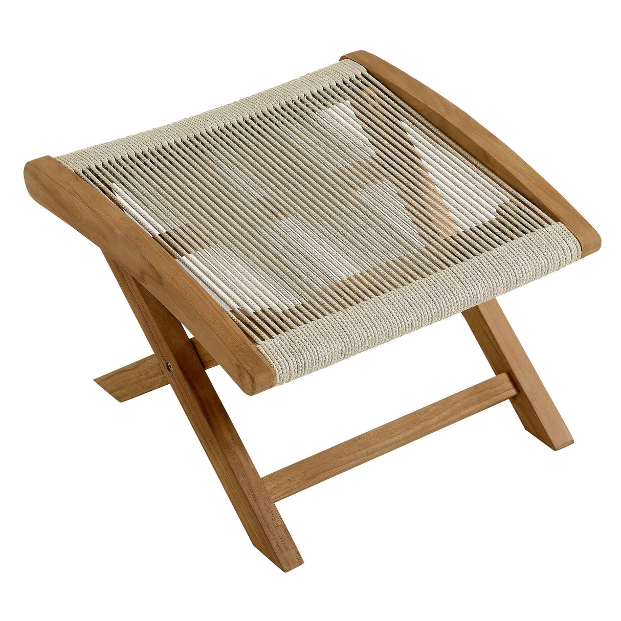 Folding Outdoor Ottoman with Teak Frame and Rope Weave, Portable Seating