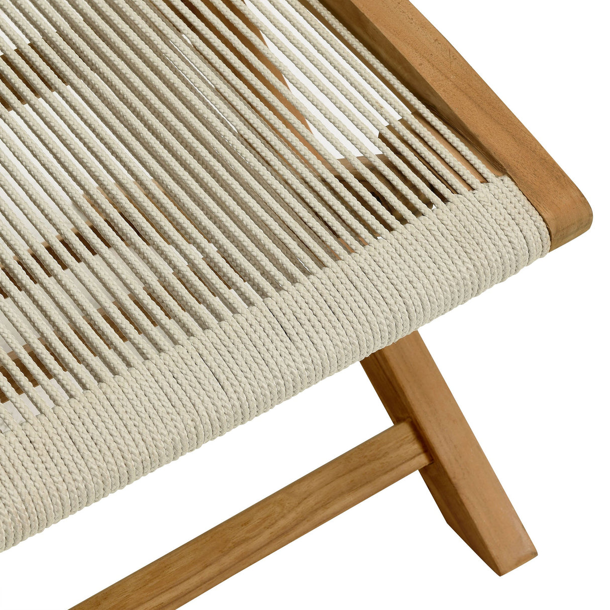 Folding Outdoor Ottoman with Teak Frame and Rope Weave, Portable Seating