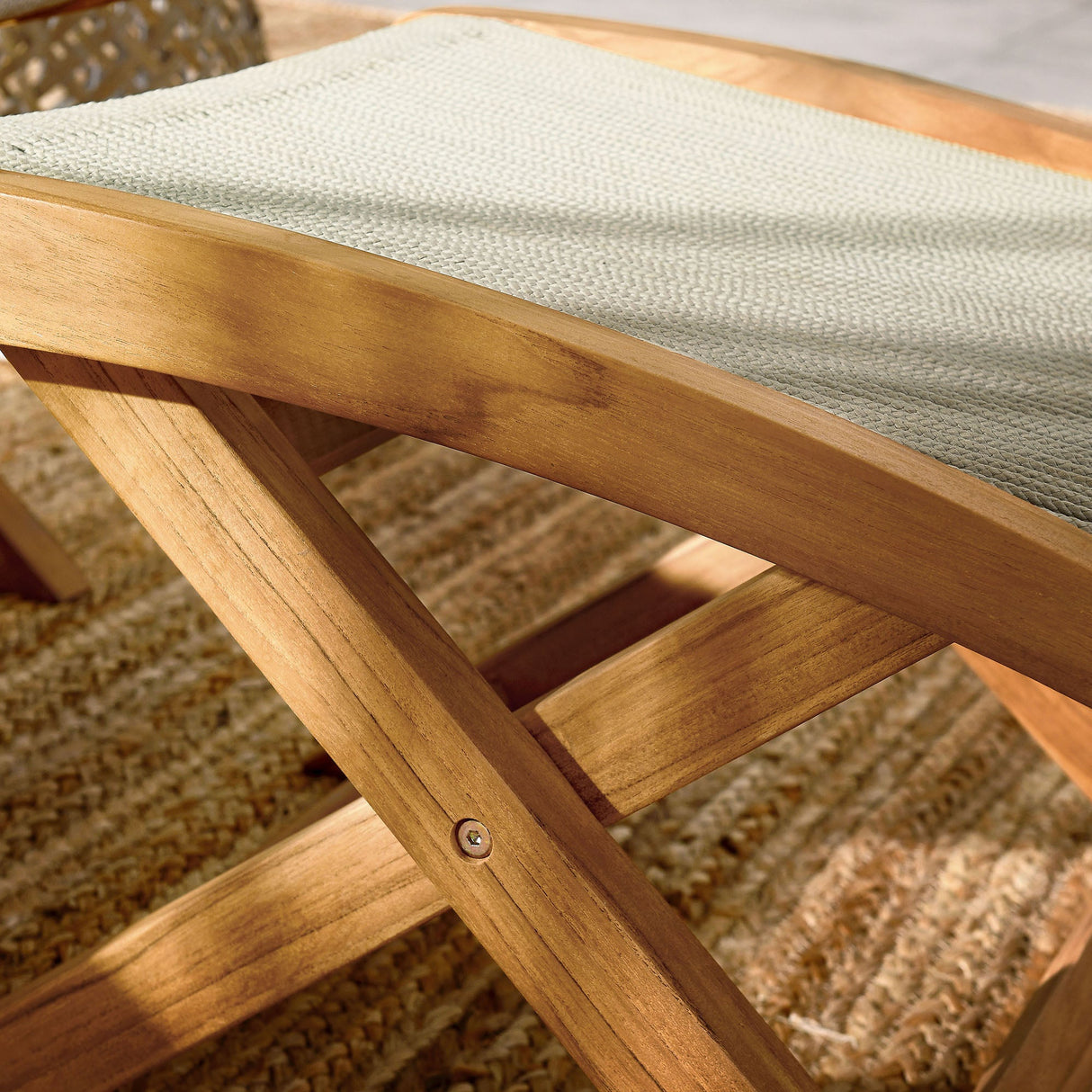 Folding Outdoor Ottoman with Teak Frame and Rope Weave, Portable Seating