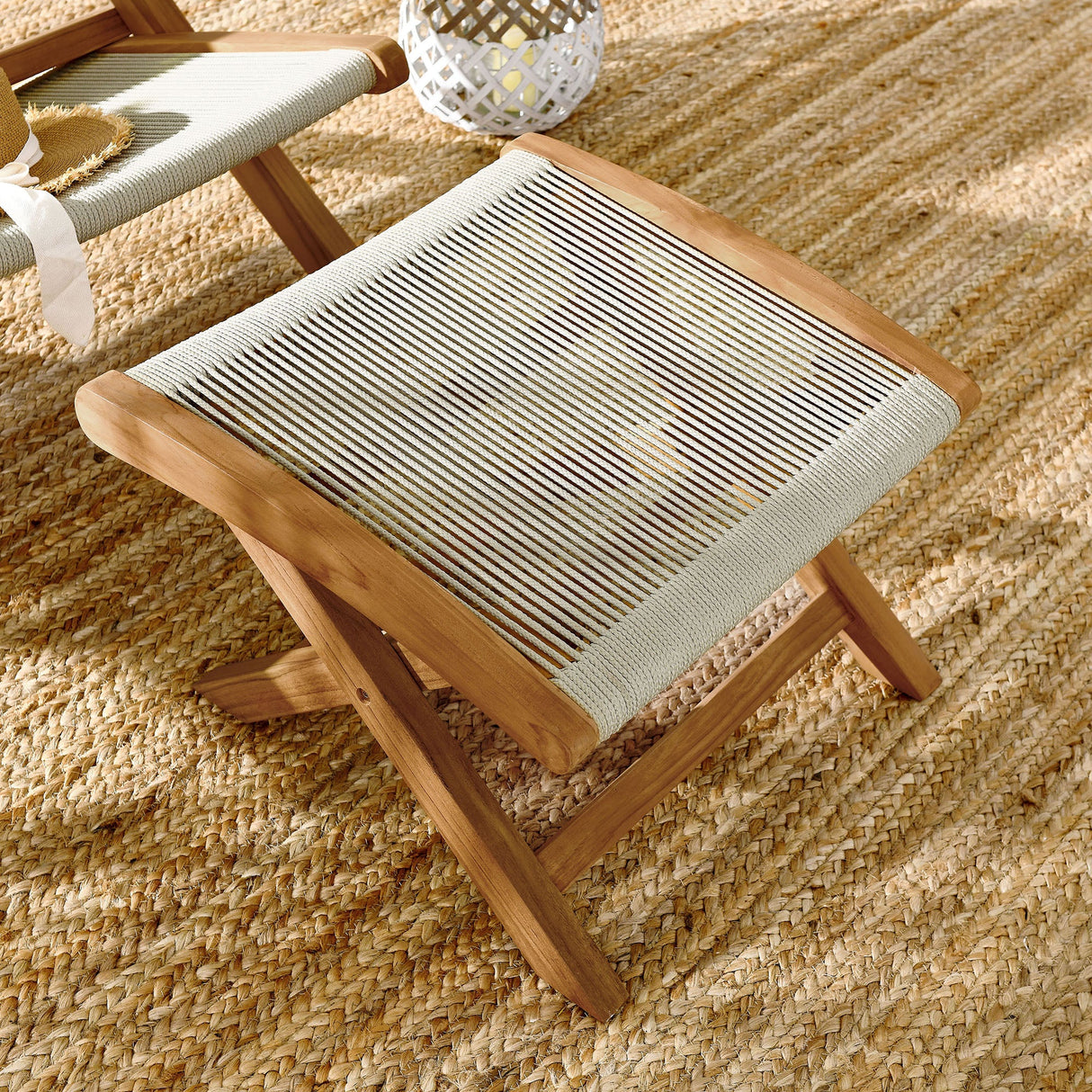 Folding Outdoor Ottoman with Teak Frame and Rope Weave, Portable Seating
