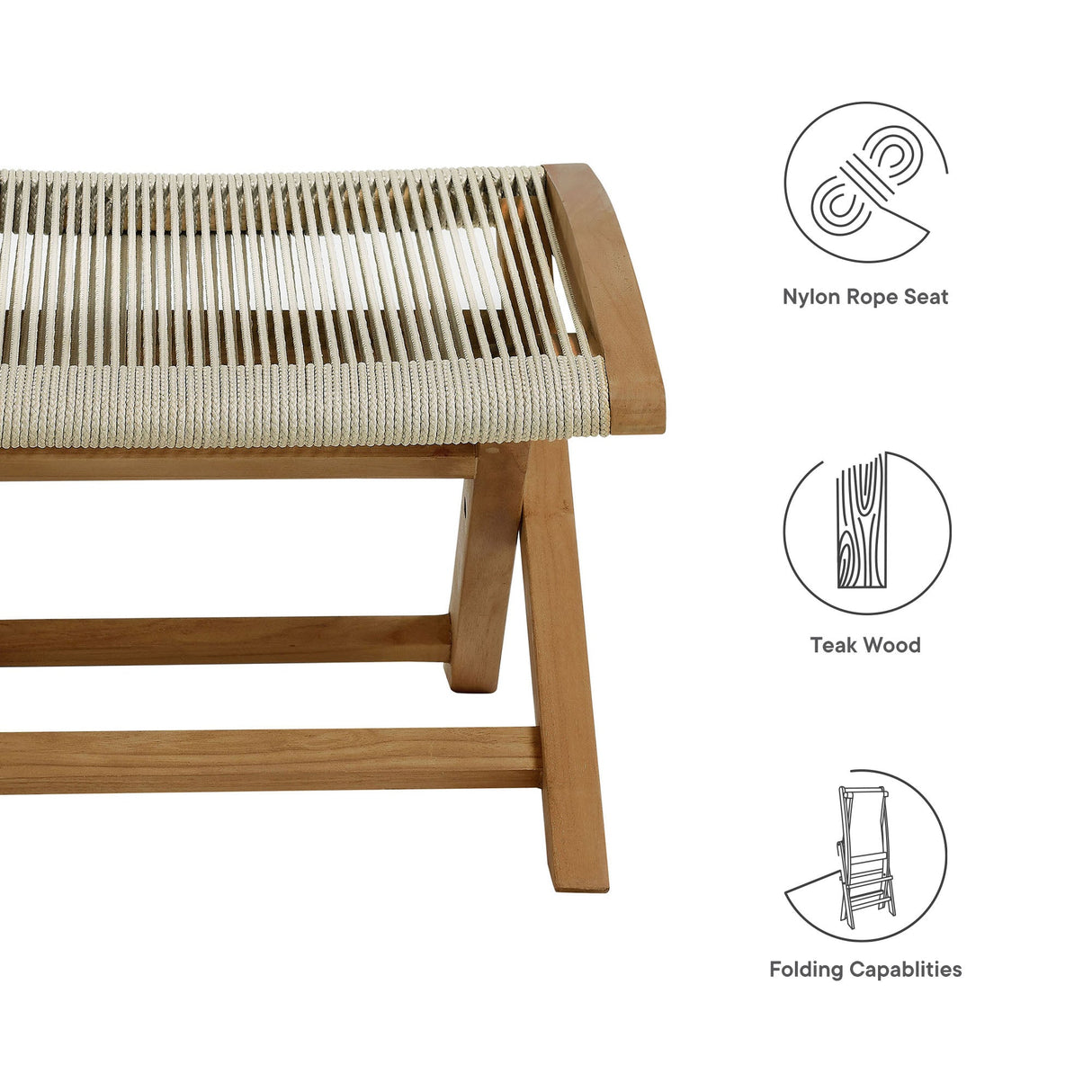 Folding Outdoor Ottoman with Teak Frame and Rope Weave, Portable Seating