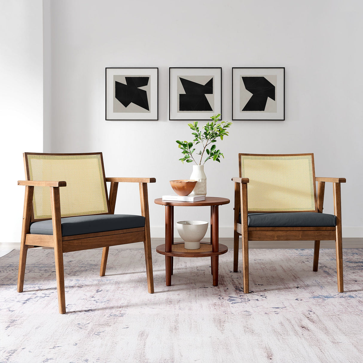 31 Inch Mid-Century Modern Vegan Leather and Cane Accent Armchair - Set of 2