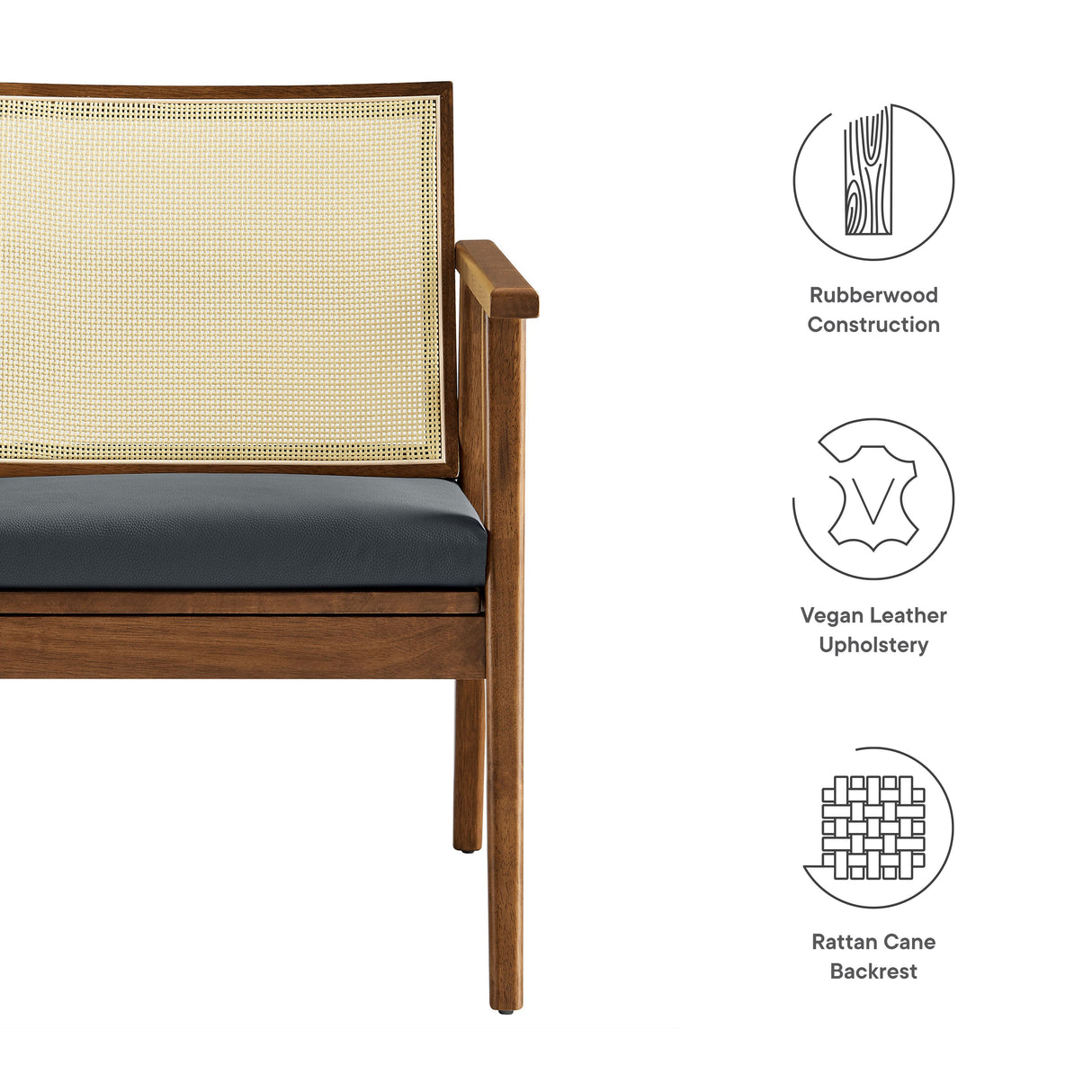 31 Inch Mid-Century Modern Vegan Leather and Cane Accent Armchair - Set of 2