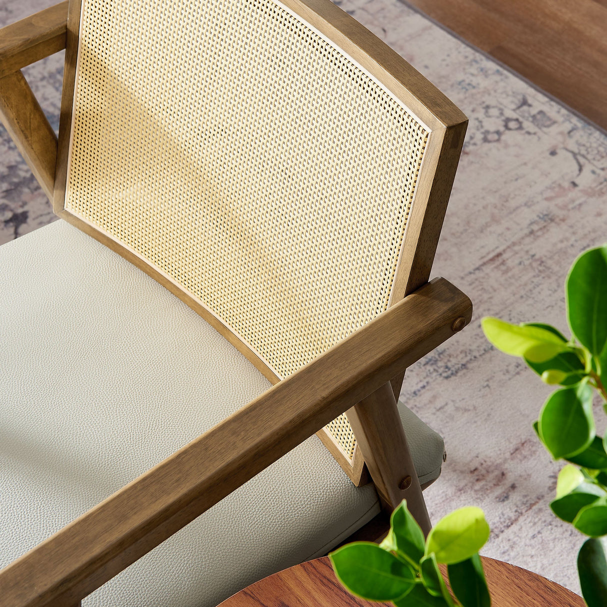 31 Inch Mid-Century Modern Vegan Leather and Cane Accent Armchair - Set of 2