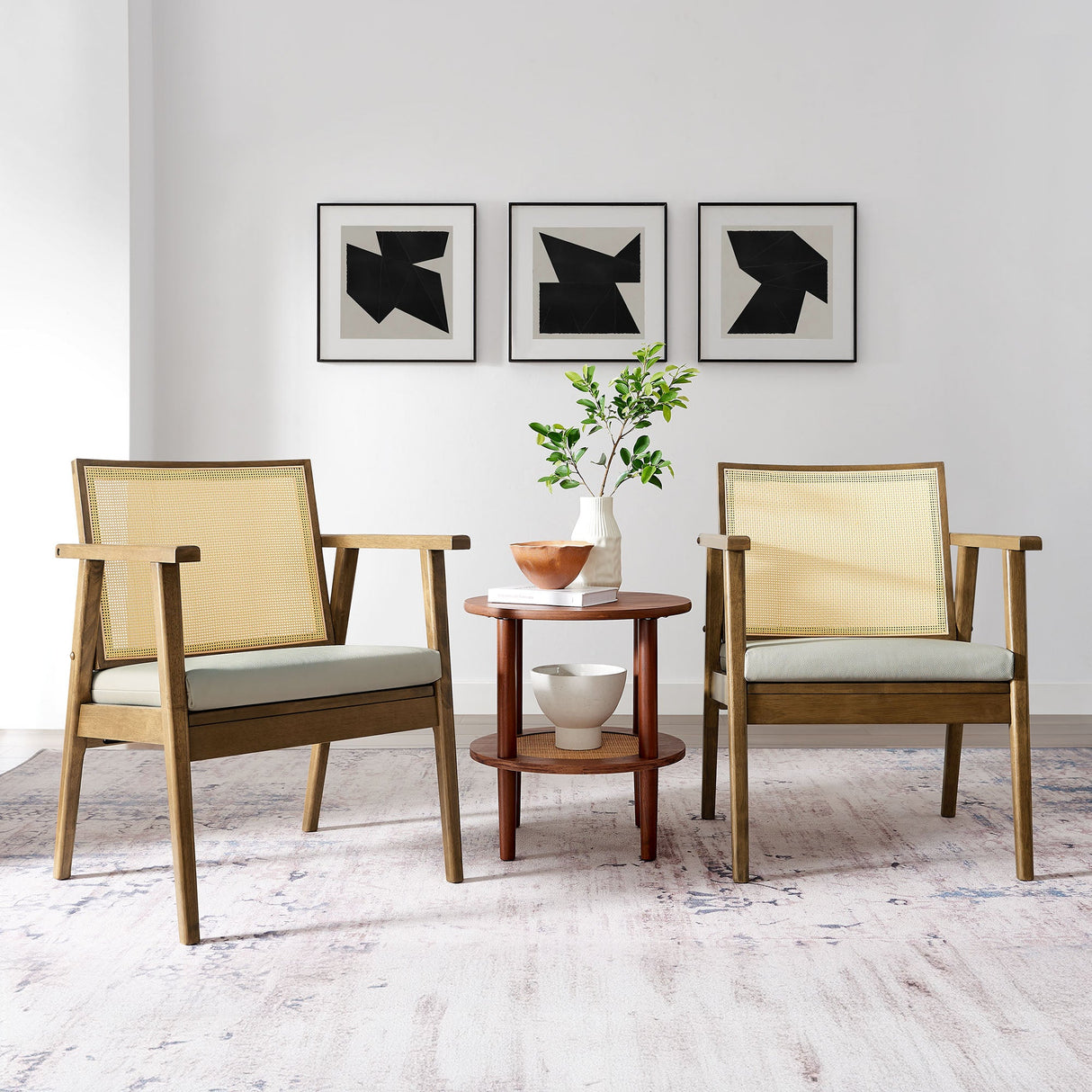 31 Inch Mid-Century Modern Vegan Leather and Cane Accent Armchair - Set of 2