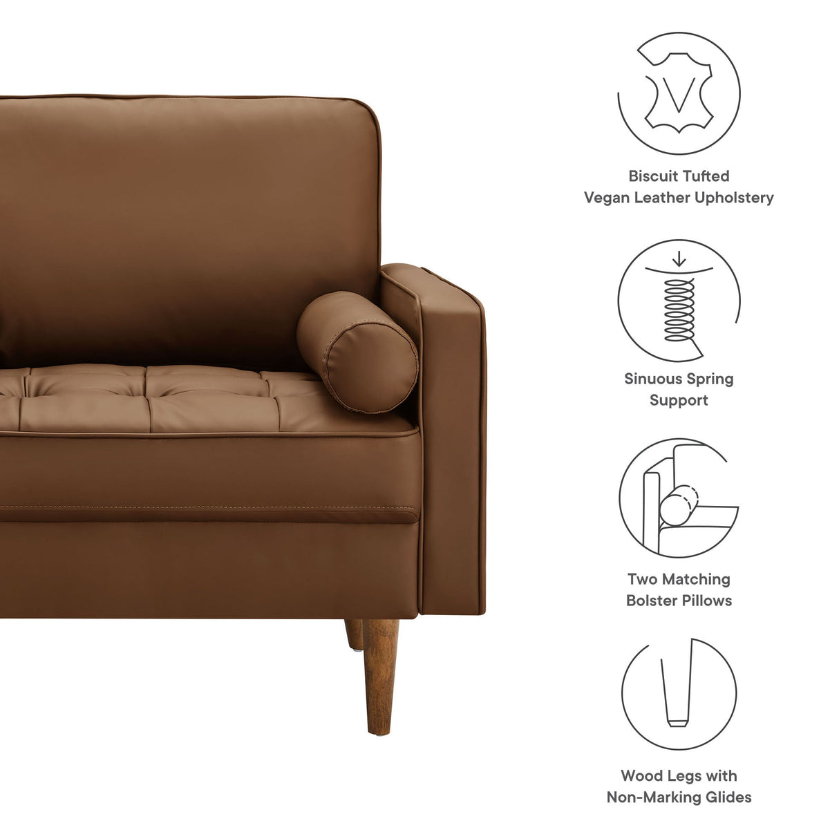 36 Inch Tufted Vegan Leather Accent Armchair with Bolster Pillows