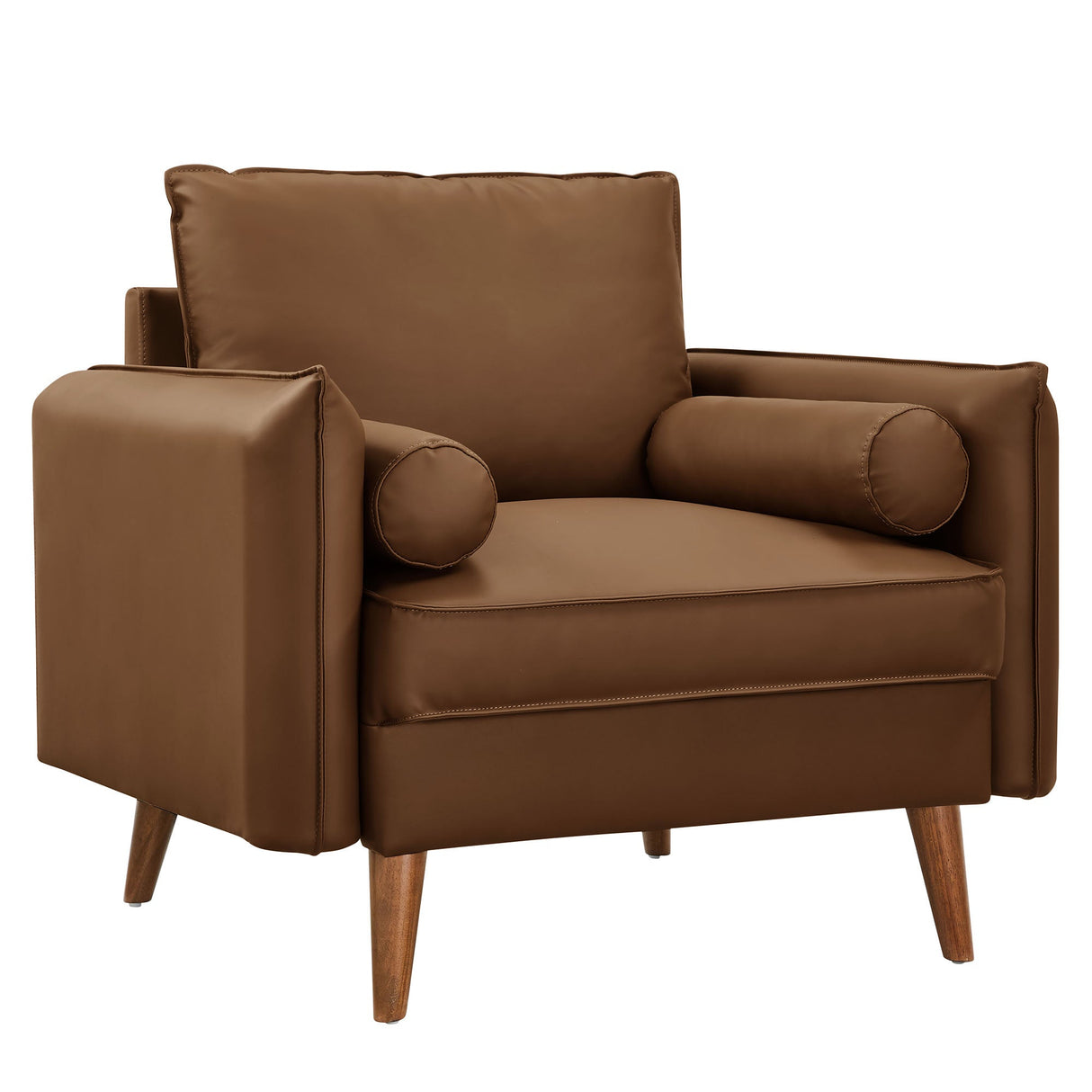 36 Inch Mid-Century Modern Vegan Leather Accent Armchair with Bolster Pillows and Splayed Wood Legs