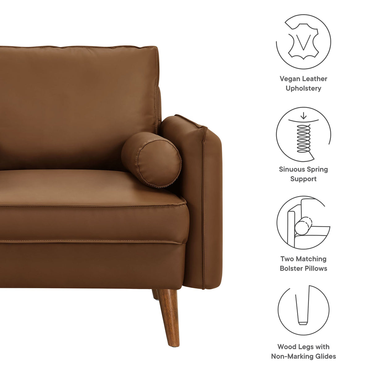 36 Inch Mid-Century Modern Vegan Leather Accent Armchair with Bolster Pillows and Splayed Wood Legs