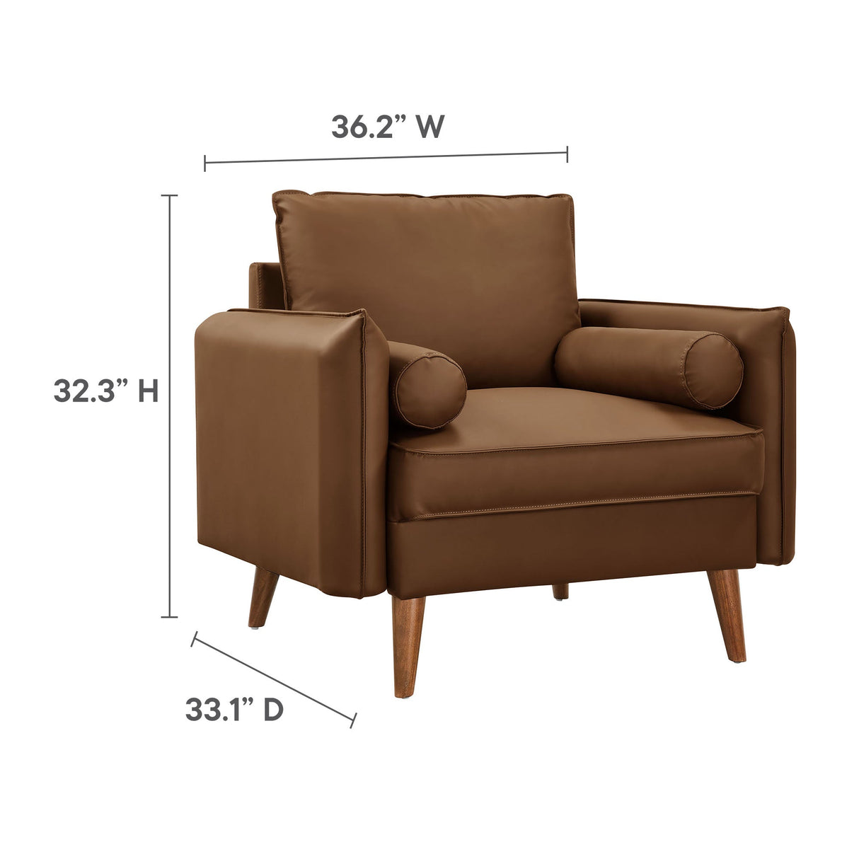 36 Inch Mid-Century Modern Vegan Leather Accent Armchair with Bolster Pillows and Splayed Wood Legs