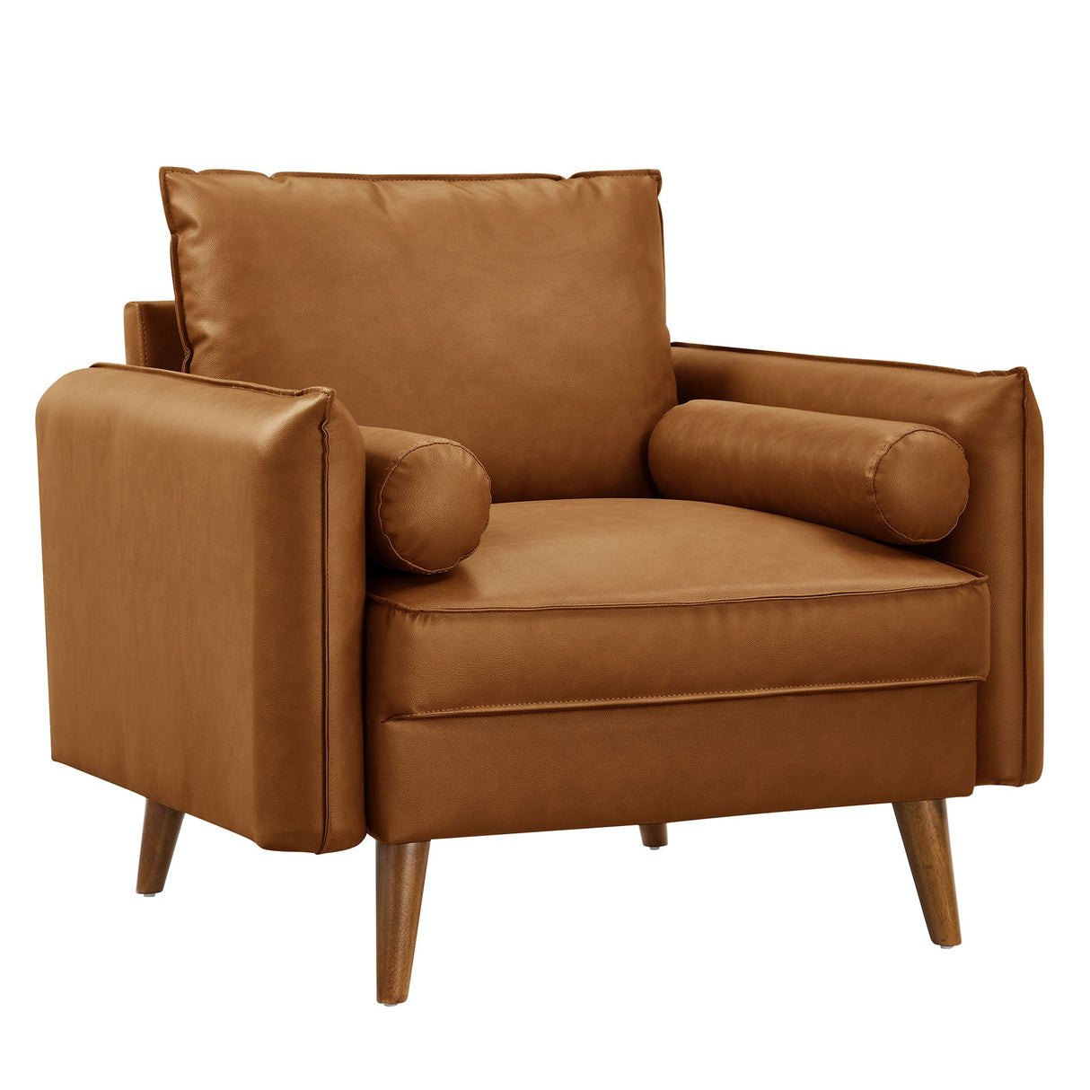 36 Inch Mid-Century Modern Vegan Leather Accent Armchair with Bolster Pillows and Splayed Wood Legs