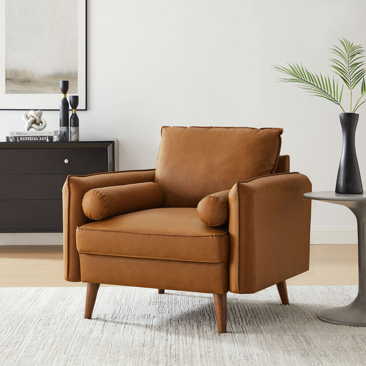 36 Inch Mid-Century Modern Vegan Leather Accent Armchair with Bolster Pillows and Splayed Wood Legs