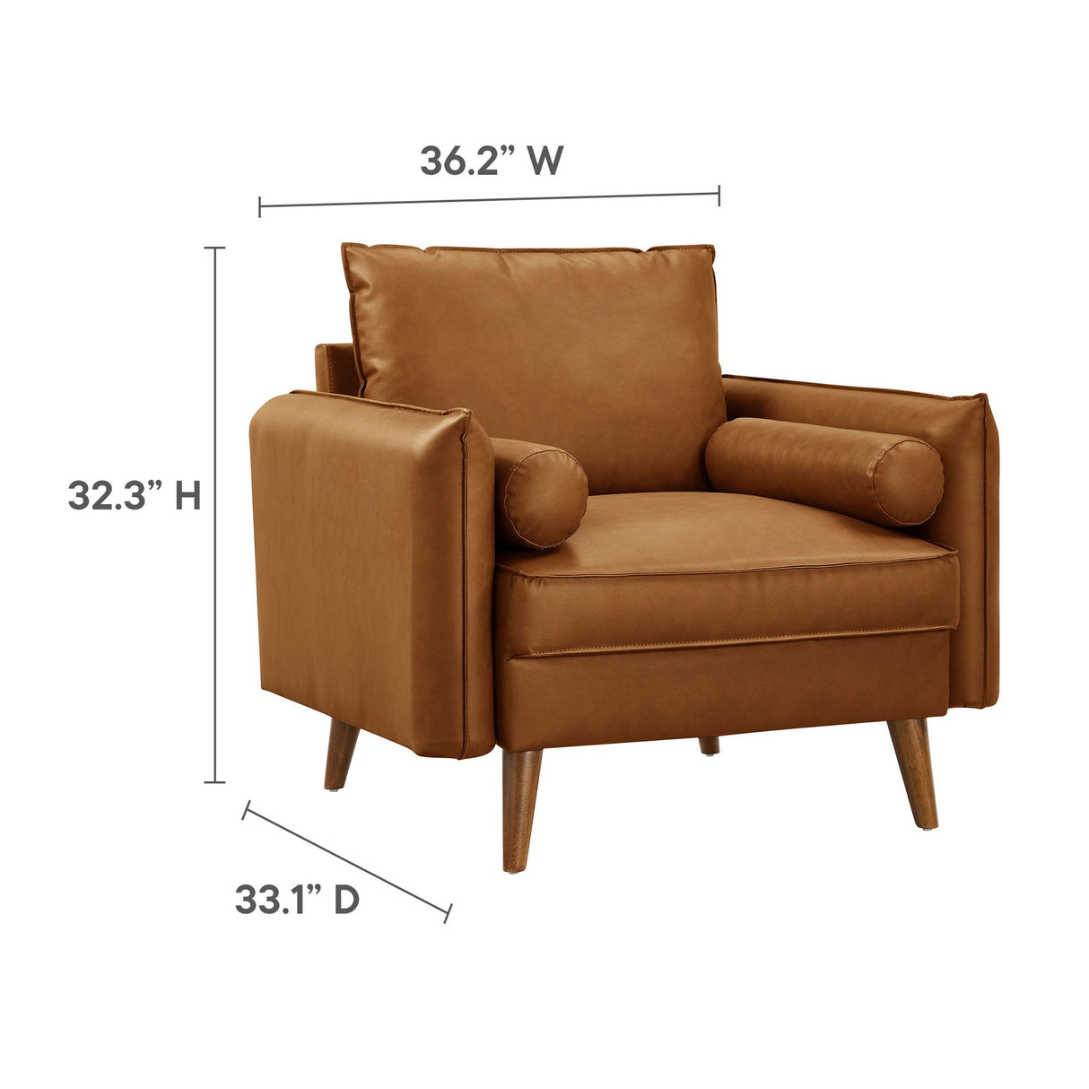 36 Inch Mid-Century Modern Vegan Leather Accent Armchair with Bolster Pillows and Splayed Wood Legs