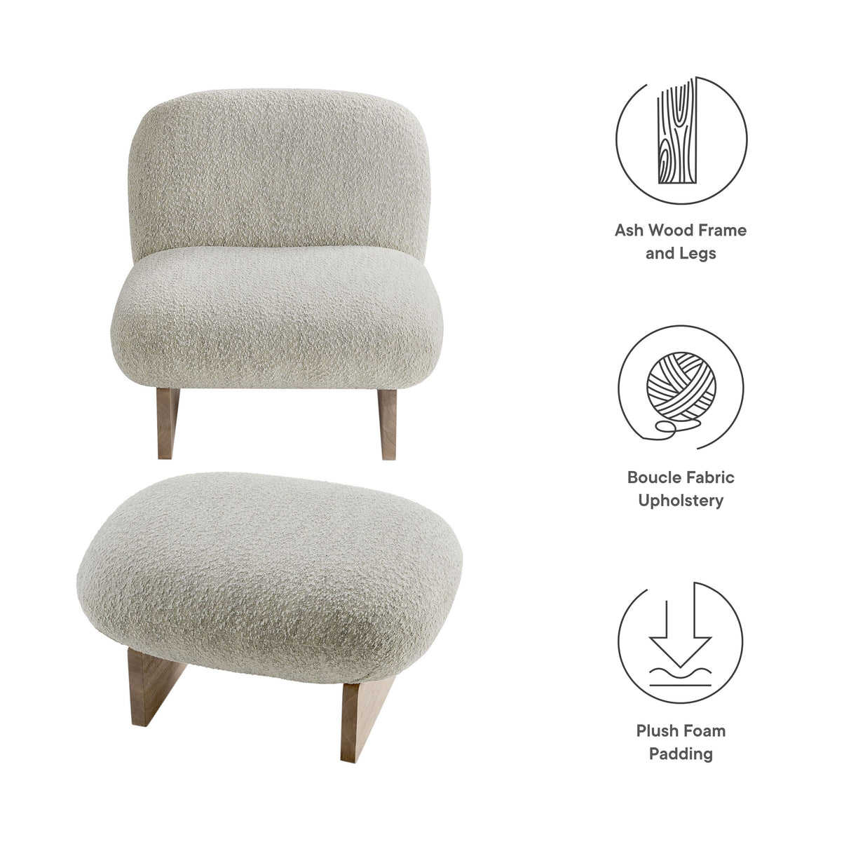 32 Inch Rounded Boucle Fabric Accent Chair and Ottoman Set