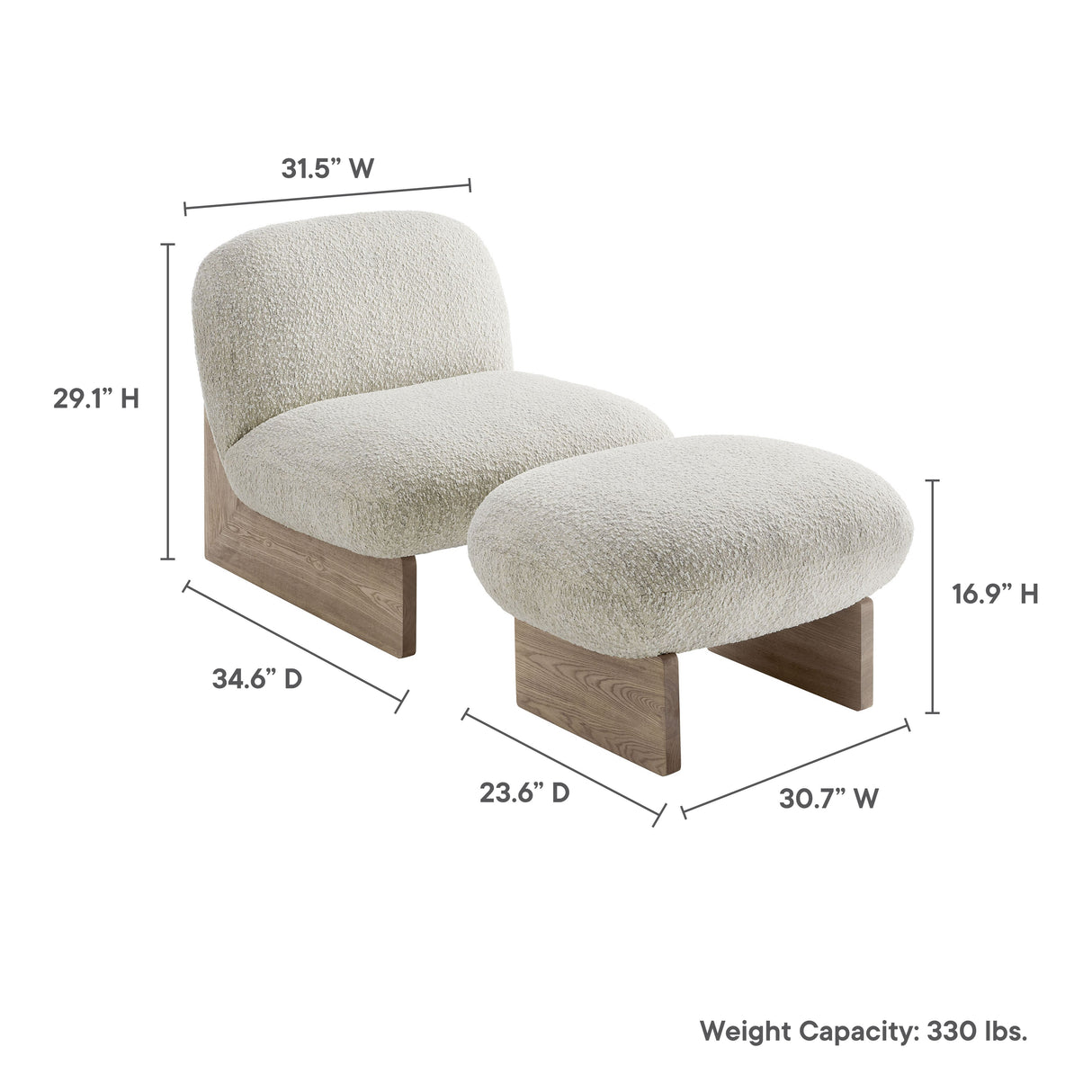 32 Inch Rounded Boucle Fabric Accent Chair and Ottoman Set