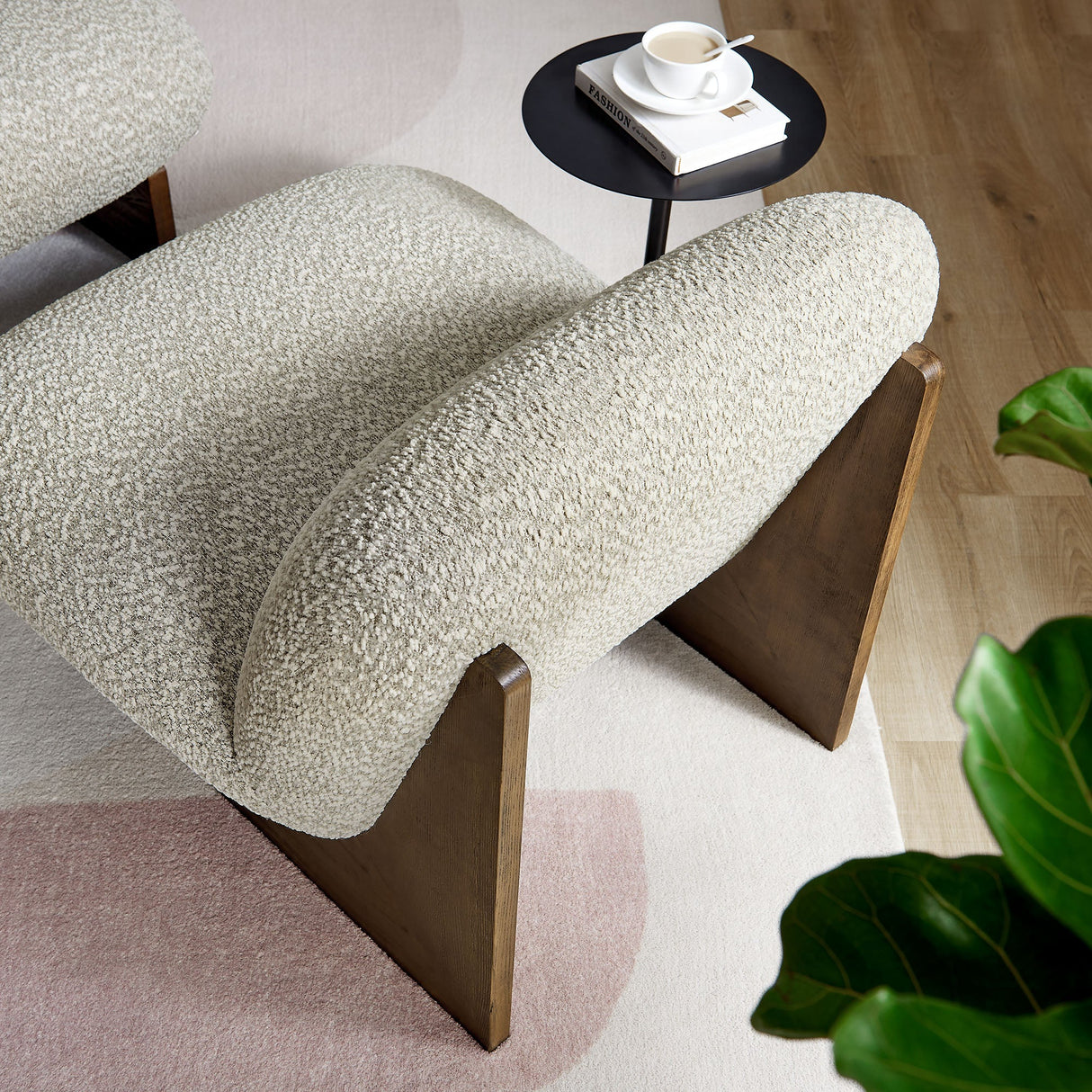 32 Inch Rounded Boucle Fabric Accent Chair and Ottoman Set