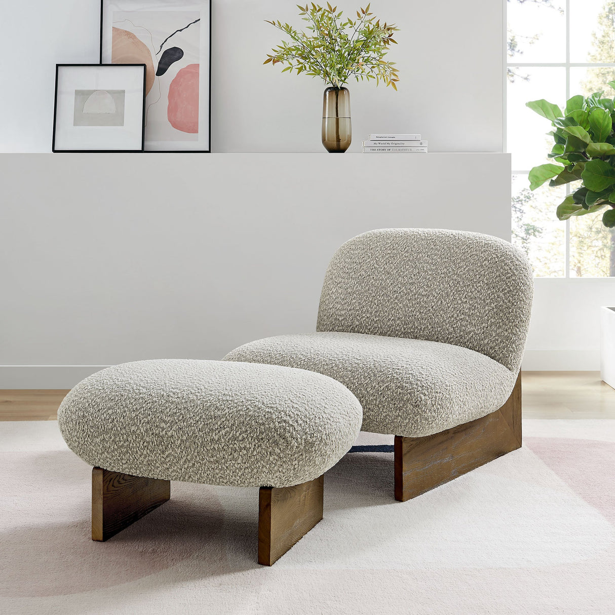 32 Inch Rounded Boucle Fabric Accent Chair and Ottoman Set