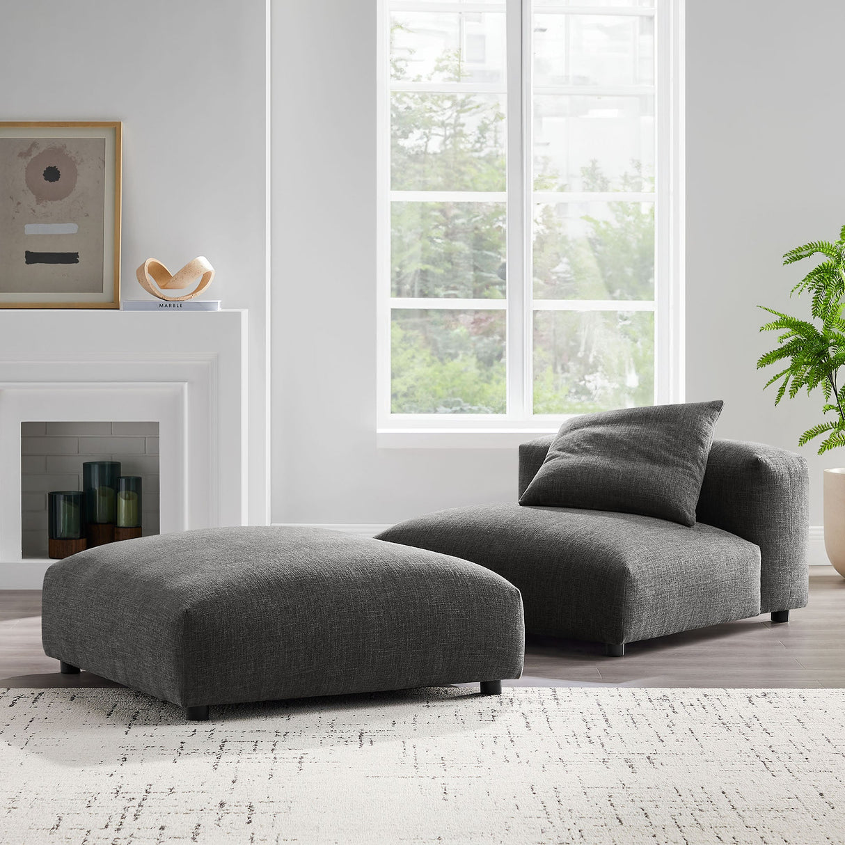 91 Inch Modular Upholstered Fabric Armless Chair and Ottoman Set